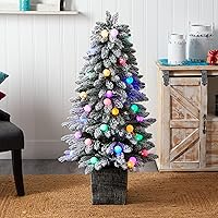 Vista 4 de Nearly Natural Árbol de Navidad artificial preiluminado de invierno de 4 pies con 40 luces LED, 259 ramas flexibles en maceta decorativa