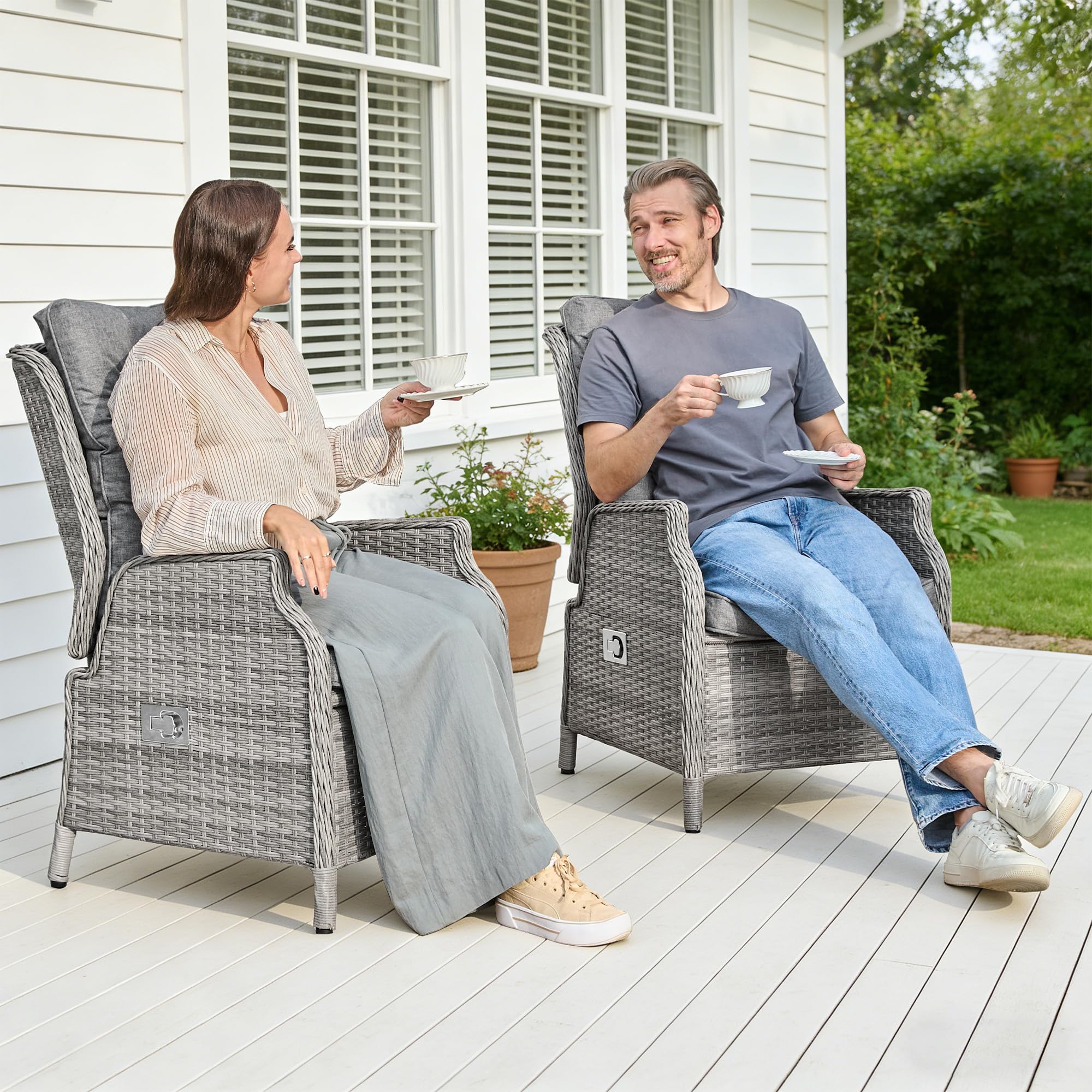 COMLAX FIELD Rattan Gartenstuhl mit Verstellbarer Rückenlehne, Gartensessel Wetterfest, Rattansessel Outdoor, Essstuhl Lounge Sessel für Garten Balkon Indoor