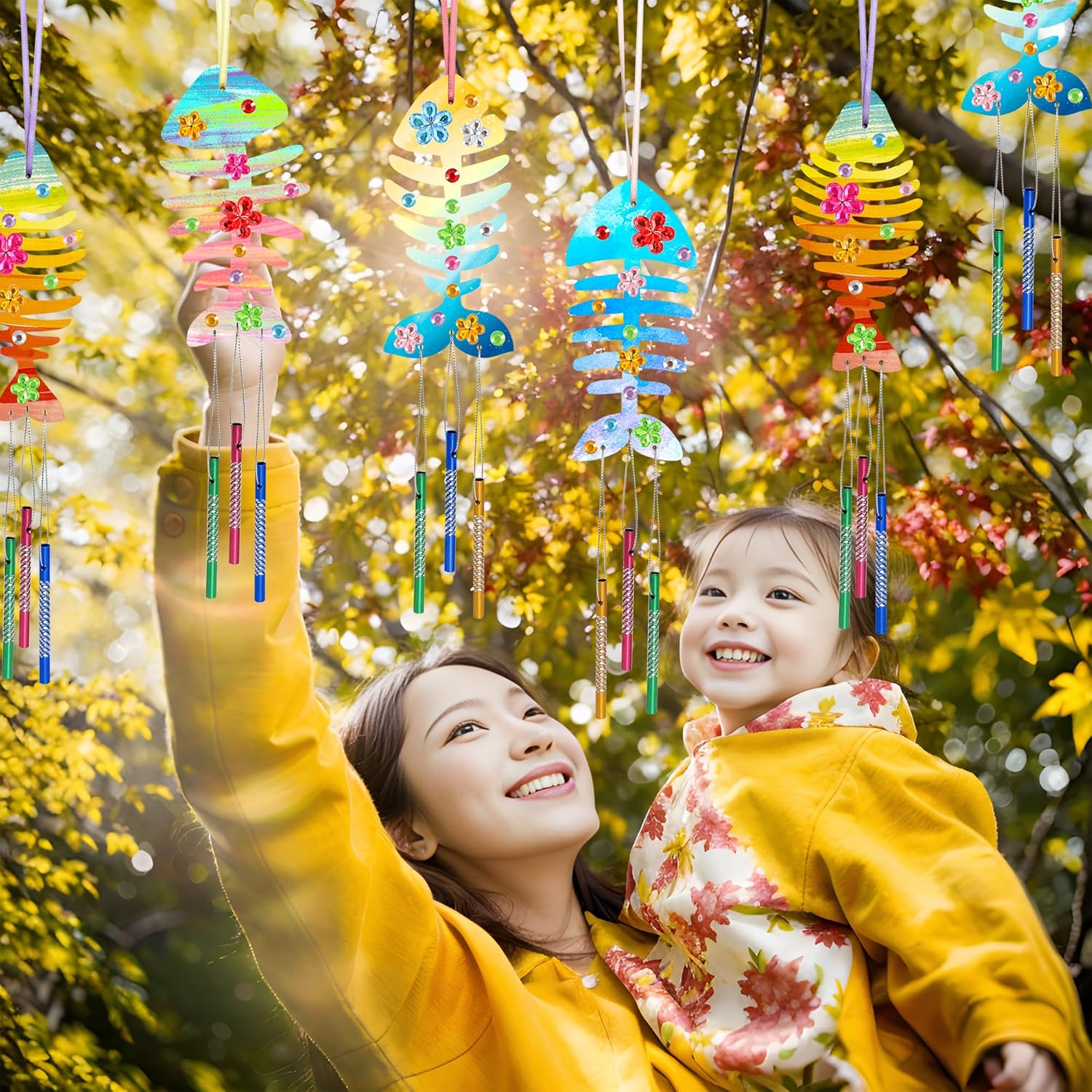 Hmxpls 12 Pack Wooden Fish Bone Wind Chime Craft Kit for Kids & Adults - DIY Coloring & Decorative Ornaments for Craft Activities Party Supplies