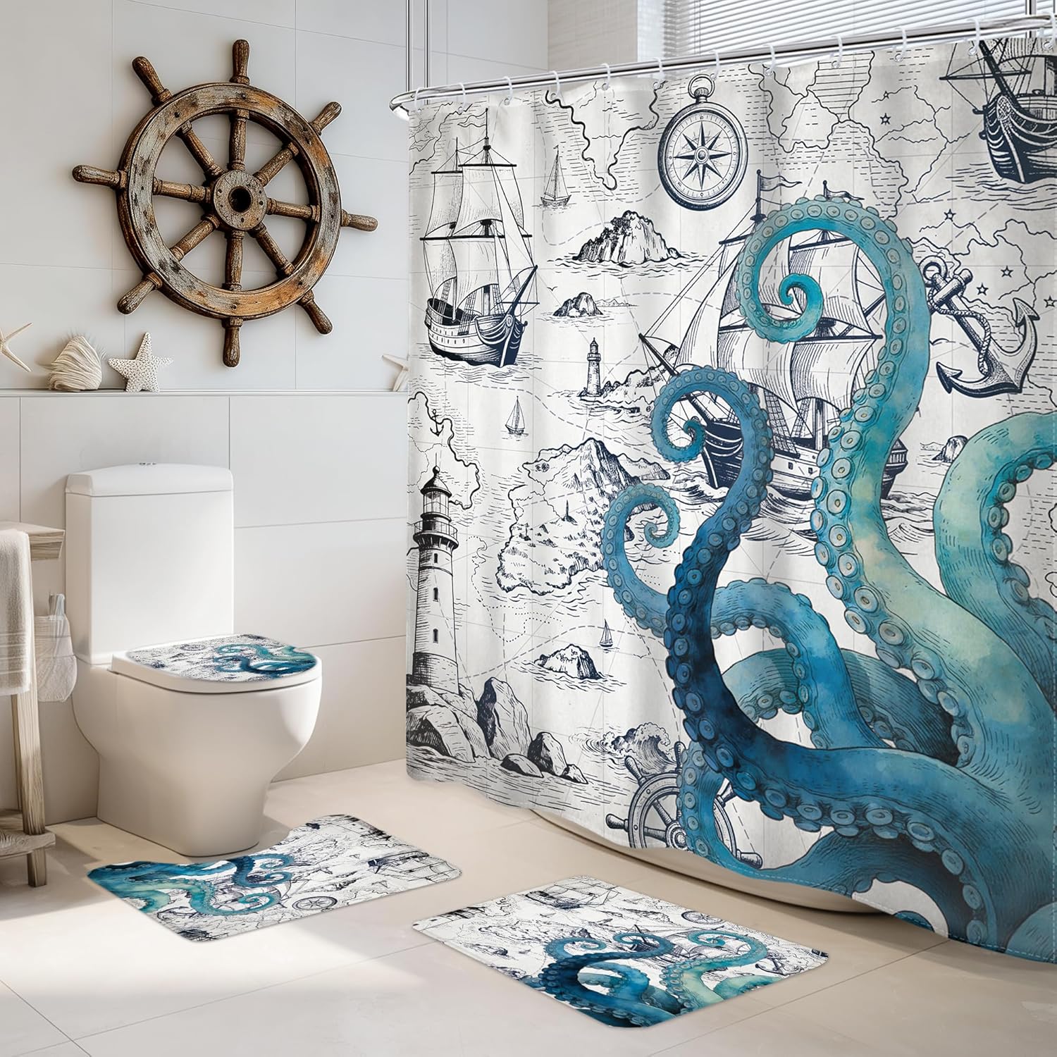 Riyidecor 4 PCS Blue Nautical Octopus Shower Curtain Set Vintage Sailboat Compass Coastal Men 72Wx72H Inch Bathroom Set Decor Non-Slip Bath Rug Toilet Lid Cover U Shape Mat Accessories with 12 Hooks