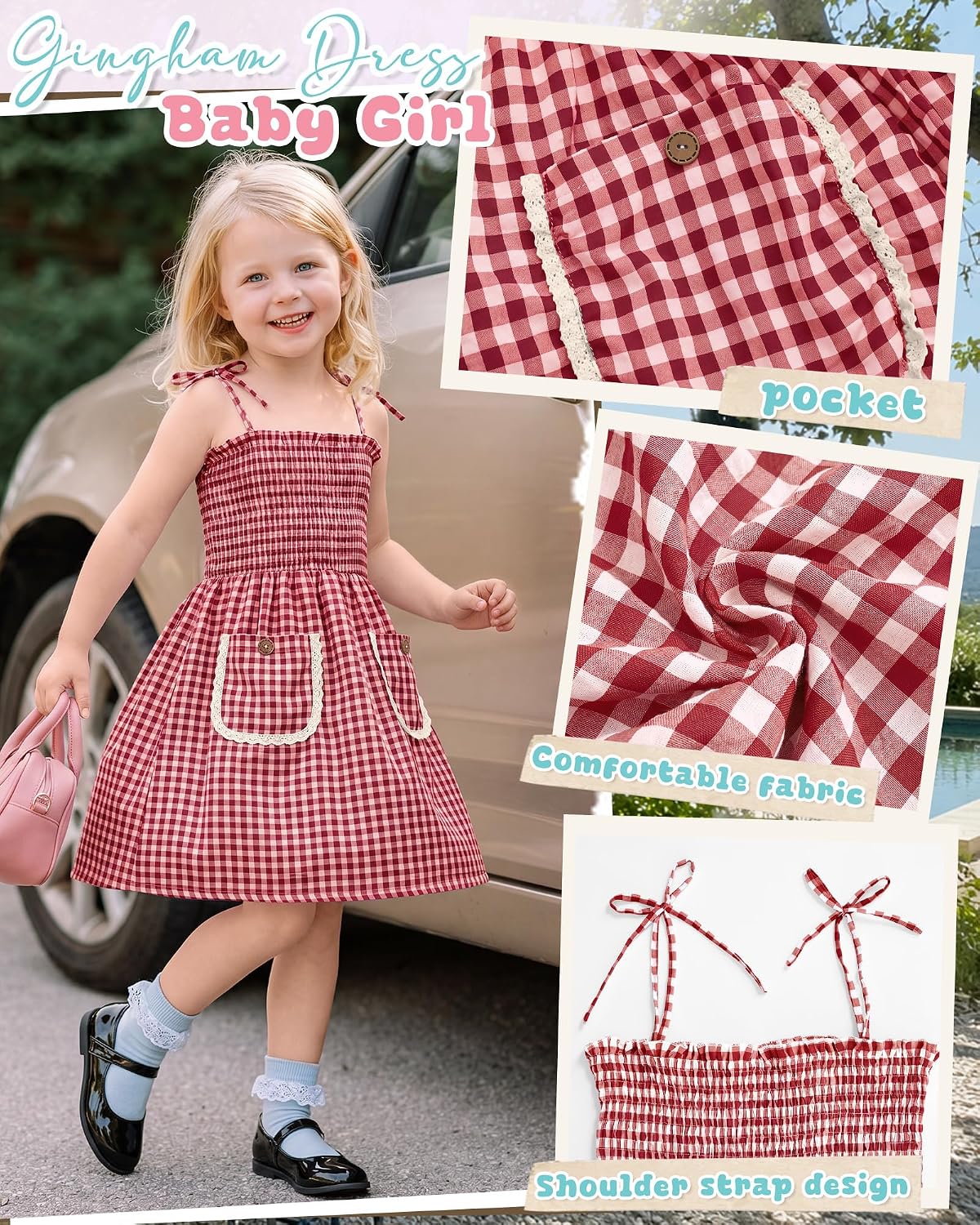 Halfchet Toddler Girl Gingham Dress 18M-5T Baby Cotton Bowknot Strap Plaid Sundress Kids Smocked Sleeveless Checkered Clothes(5T,Red Gingham)