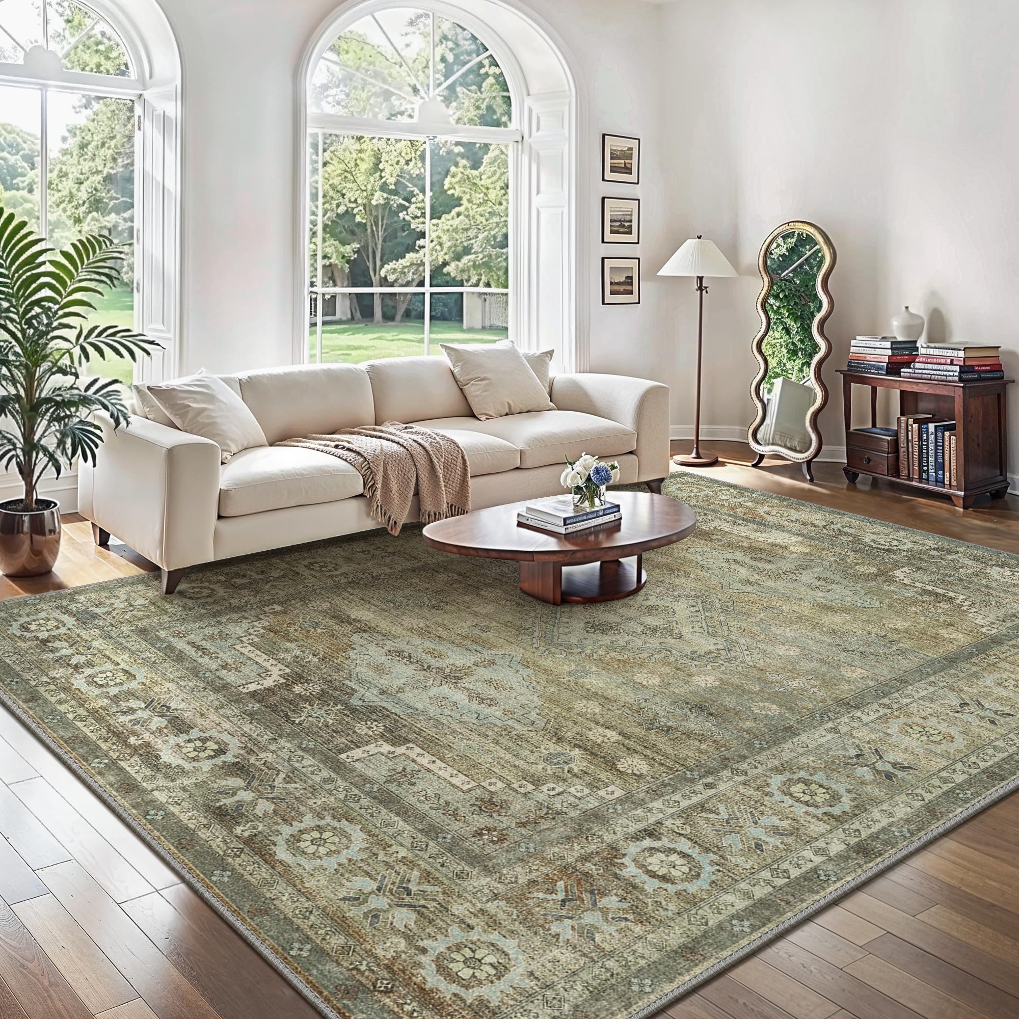 GENIMO Rugs Living Room 120x170cm,Green Washable Vintage Carpet With Non Slip Backing,Thin Floral Print Area Rug for Living Room Bedroom