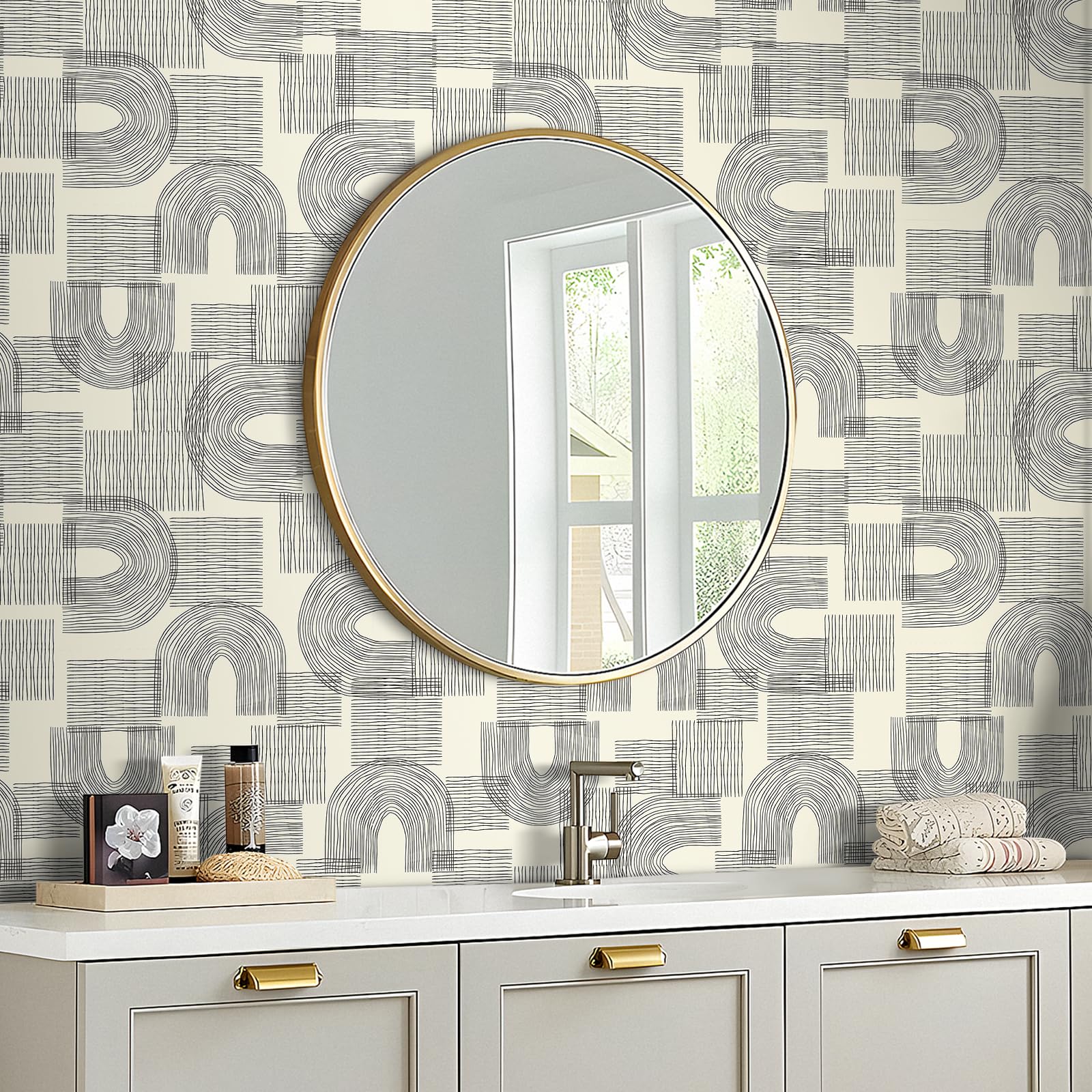 Decotalk Papel Pintado Autoadhesivo Pared Beige Geométrico Moderno Bohemio 44.5X900cm Papel Pintado Geométrico Beige Patrón de Arco Abstracto Fotomurales Decorativos Pared Dormitorio Salón Baño Ático