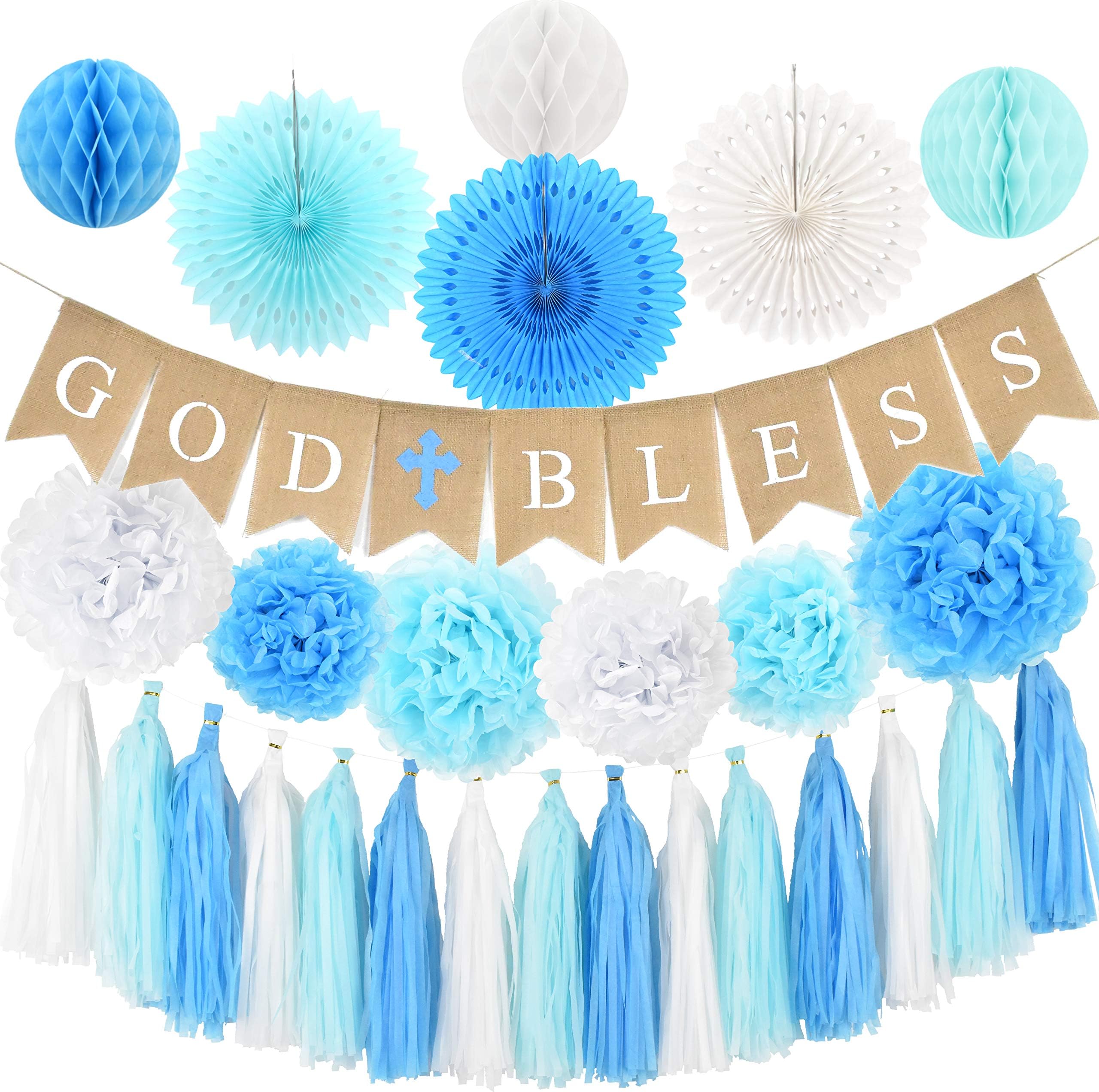 Baptism Decorations for Boy - First Communion Decor - God Bless High Quality Burlap Banner With Blue Cross, Honeycomb, Paper fan, Paper Tassel, Pompoms - Bautizo Decorations By Antsik'Aby