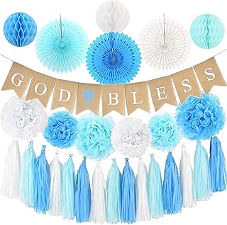 Baptism Decorations for Boy - First Communion Decor - God Bless High Quality Burlap Banner With Blue Cross, Honeycomb, Pap...