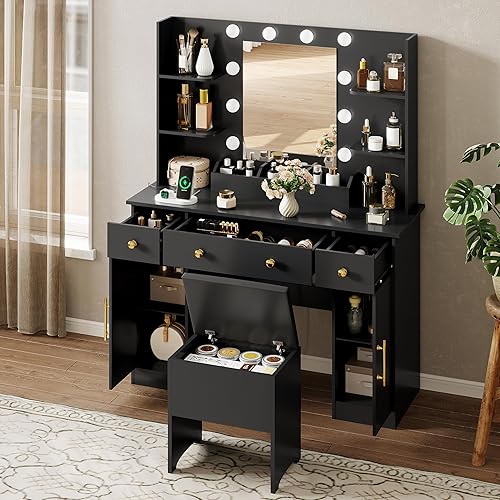 Miniatura 3 de Escritorio de tocador con espejo y luces, tocador de maquillaje negro con estación de carga y taburete, 3 cajones y armarios, espejo de tocador