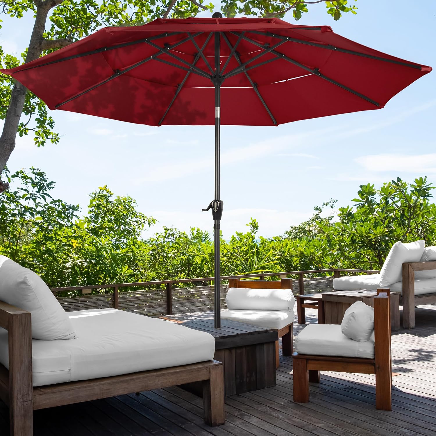 Pure Garden 10FT 3 Tier Patio Umbrella - Auto Tilt, Easy Crank Outdoor Umbrella for Shade Canopy for Deck, Balcony, Porch, Backyard, or Pool (Maroon Red)