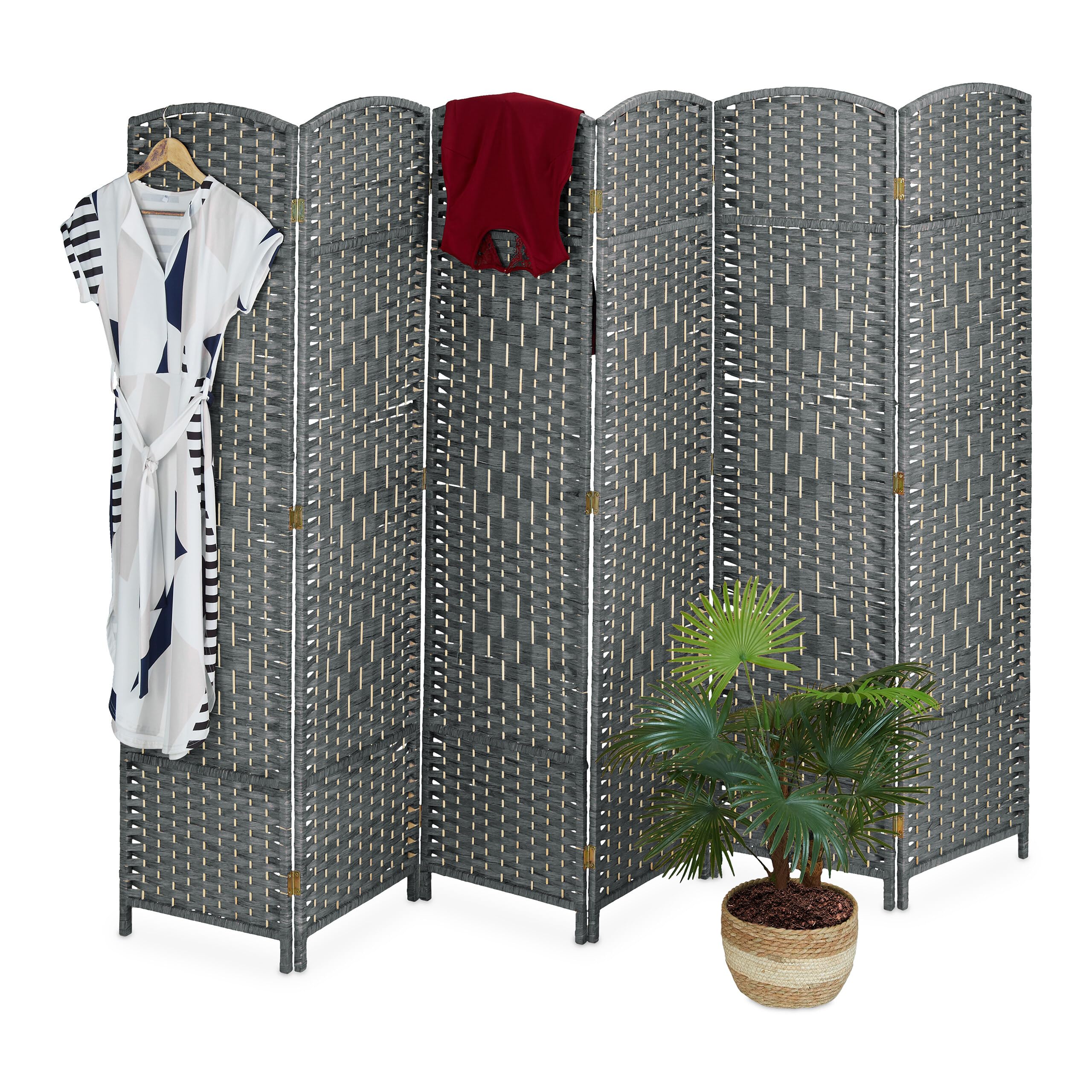 Relaxdays Paravent intérieur 6 Parties, HxL 170 x 240 cm, séparateur Pliable, Bois & Corde Papier, Gris