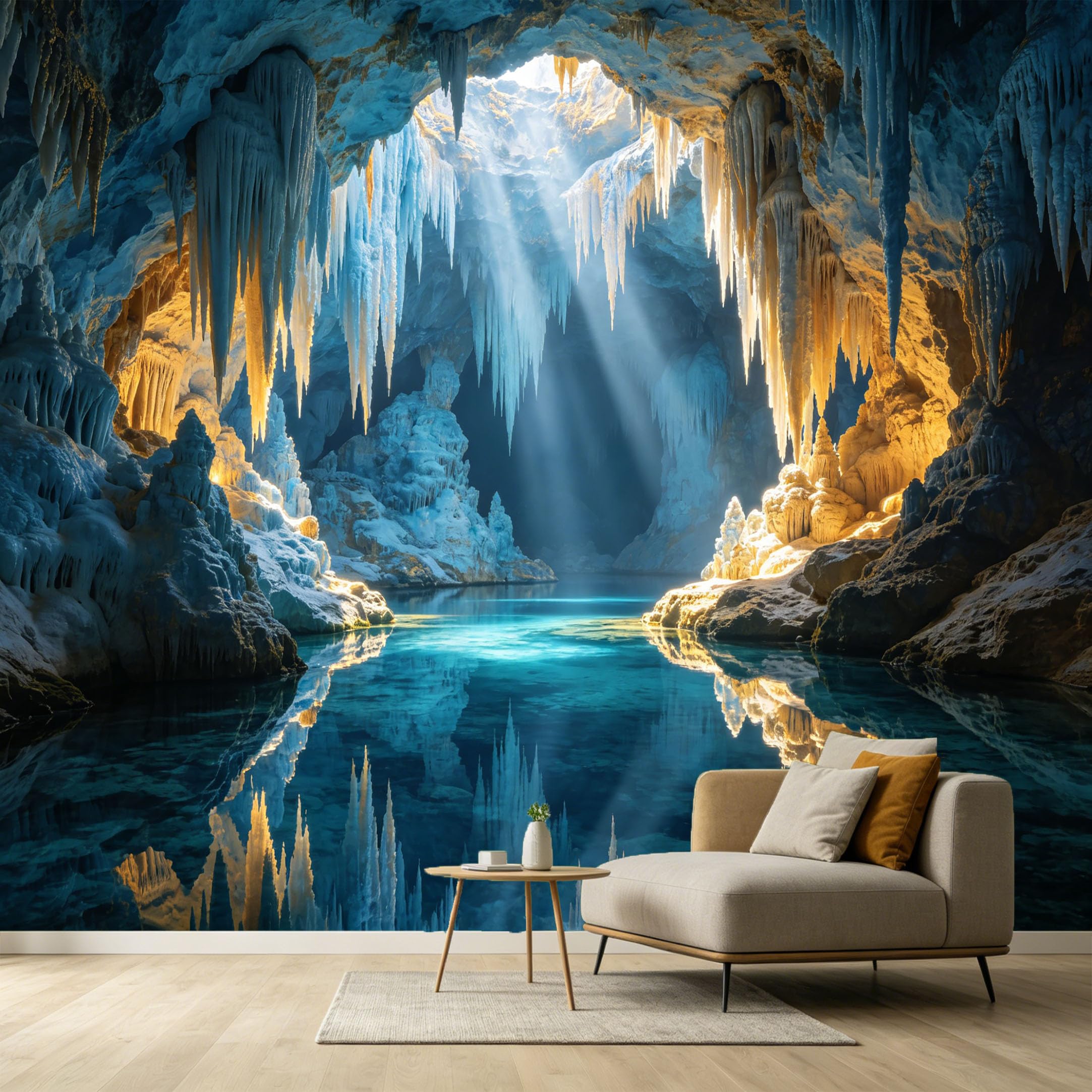 Custom Size Wall Murals Underground Cave Landscape 3D Trompe L'Oeil Stalactite Water Reflection SelfAdhesive Wall Fabric Removable Large Wallpaper for Photo Living Room