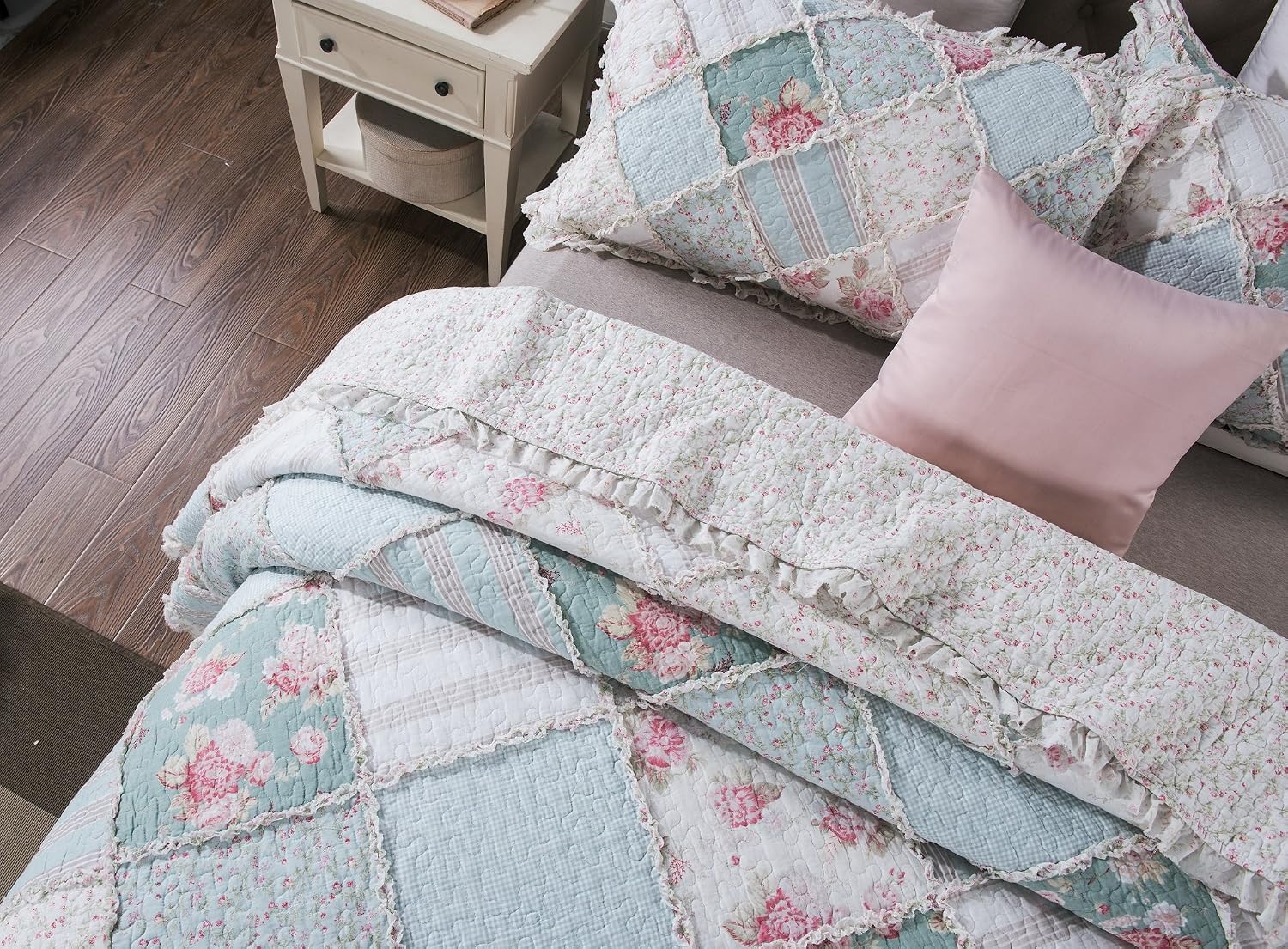 Buy 2 get 3 DaDa Bedding Cottage Patchwork Floral Bedspread Set - Hint of Mint Dainty Quilted Cotton Blooming Garden Botanical - Multi Colorful Ruffle Pastel Pink Blue/Green - Twin - 2-Pieces