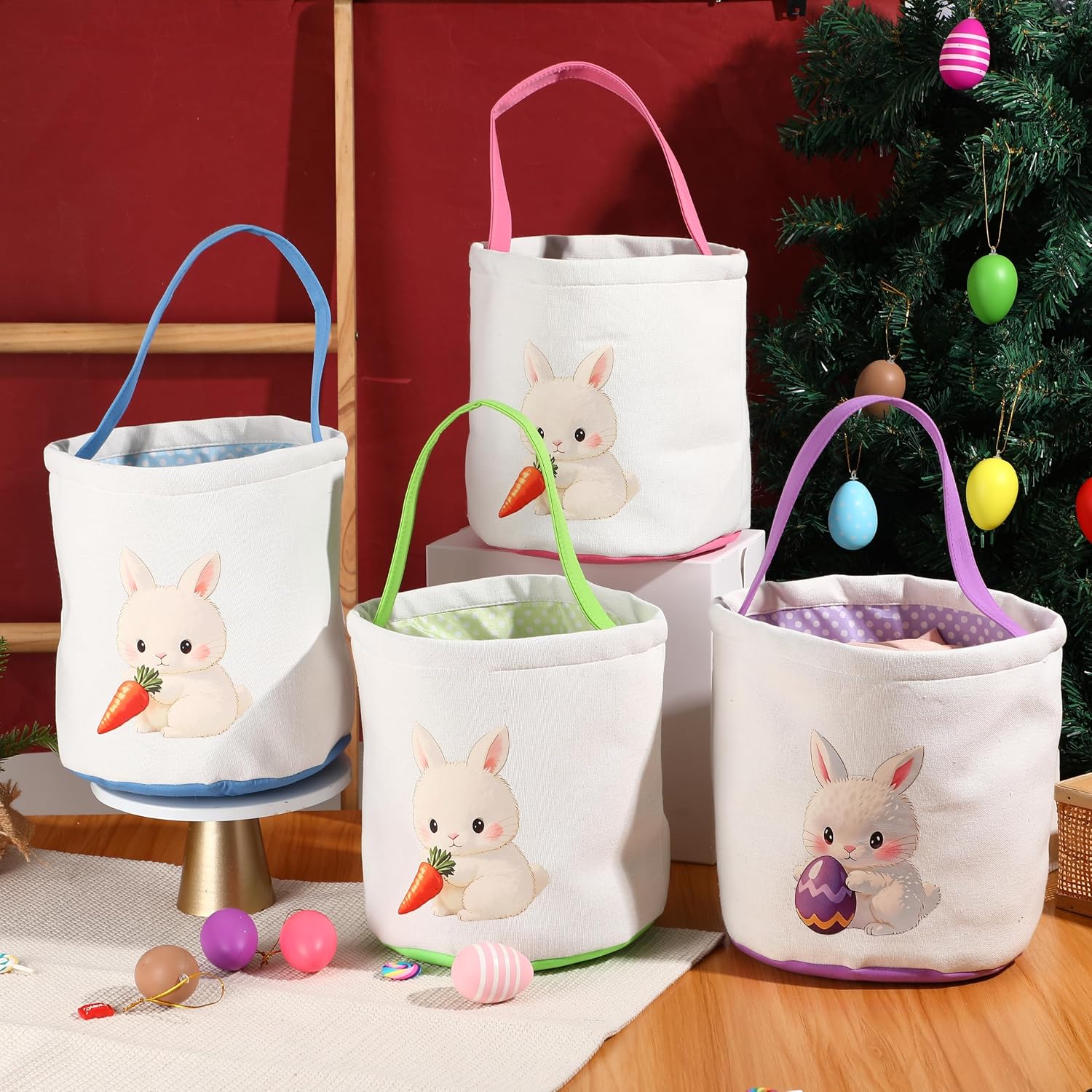 2Pcs Seersucker Easter Bunny Basket Bags,Canvas Cotton Easter Baskets for Kids Empty,Easter Bunny Basket,Perfect for Girls Boys Easter Egg Hunts,Easter Baskets for Kids