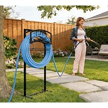 Kingson Freestanding Garden Hose Holder with Storage Basket - Heavy-Duty Black Powder-Coated Steel, Holds 150FT Hose, Detachable & Portable Design with Assembly Tools, Ideal for Outdoor Use