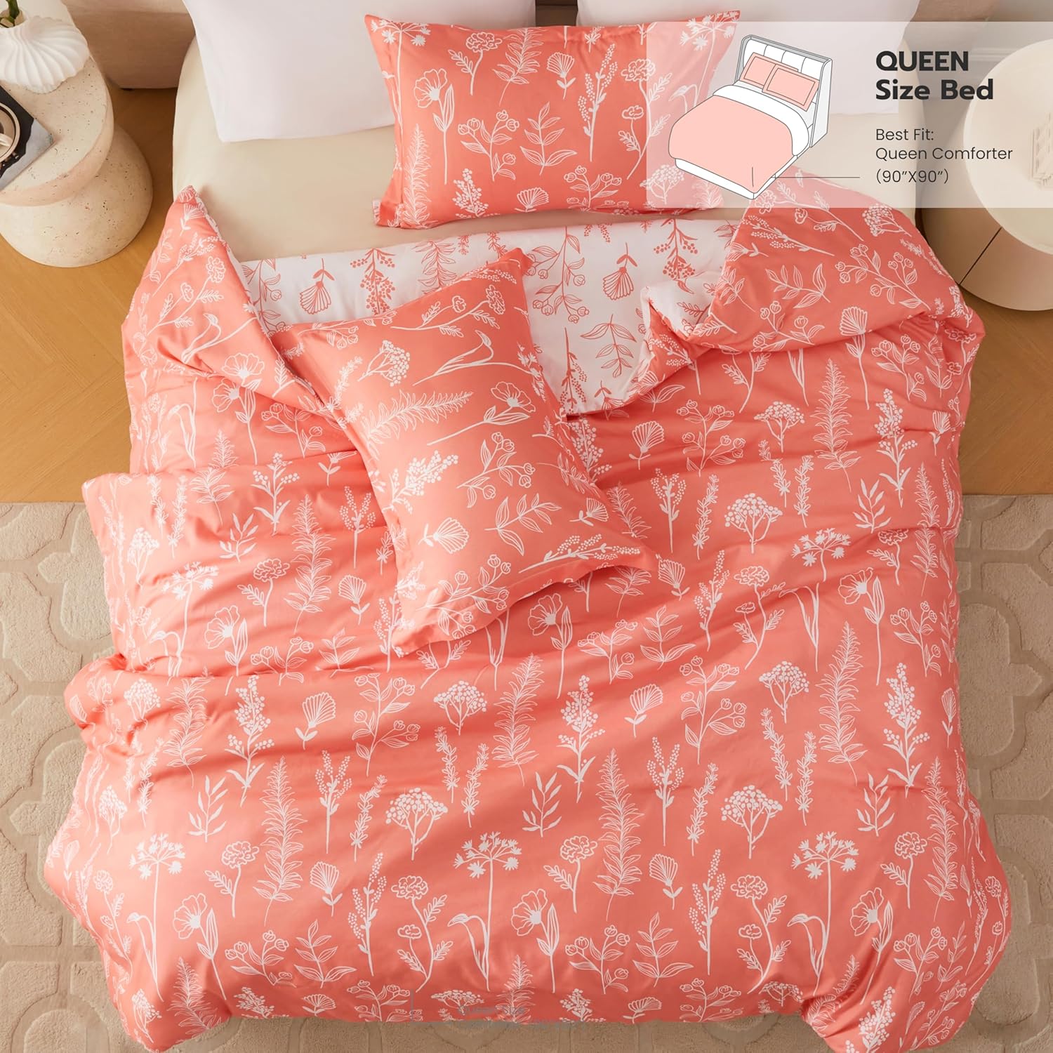 Joiedomi California King Comforter Set Coral Orange, 3 Pieces Floral California King Bedding Set with 1 Soft Reversible Botanical Comforter and 2 Pillow Shams, Bed in a Bag for All Seasons