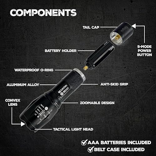 Miniatura 3 de Linterna LED  Linterna táctica brillante, con zoom, de alto lumen de 5 modos  Pilas AAA y estuche incluidos. Perfecto para emergencias, al aire