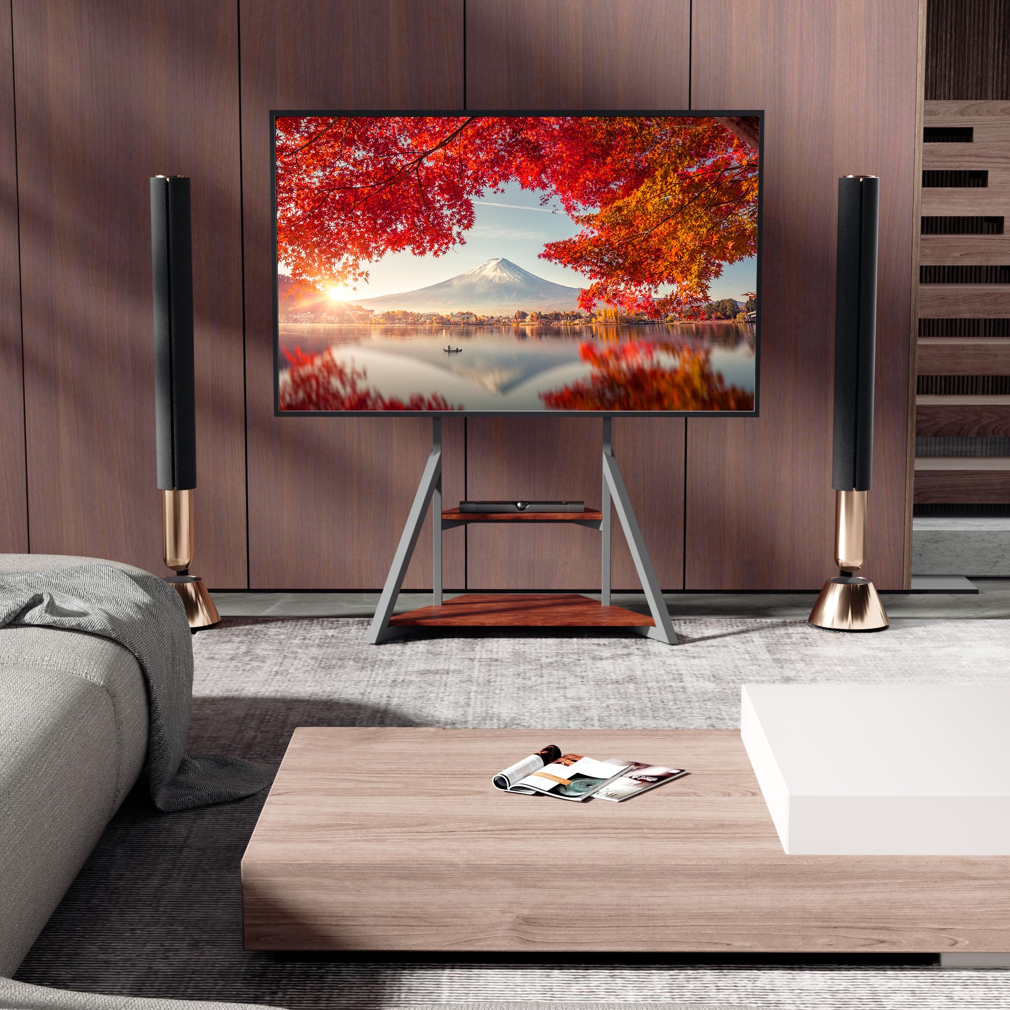 UNHO Supporto TV da Terra: Mobile Supporto TV da Pavimento Ripiani Legno Bello Design Porta TV da Terra per 40-75 Pollici Regolabile in Altezza Max VESA 600x400mm Portata 80kg