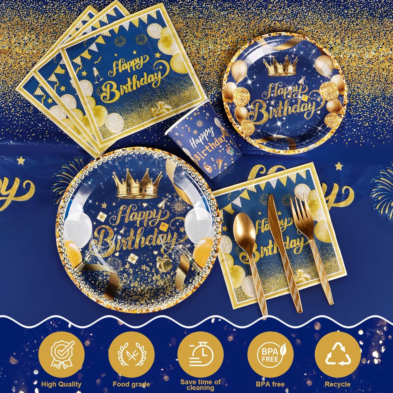 164PCS Blue Gold Birthday Party Decorations,Navy Blue Gold Birthday Party Decorations for Men Women,Navy Blue Tableware Set Birth-day Decoration,Happy Party Supplies for 15 Guests