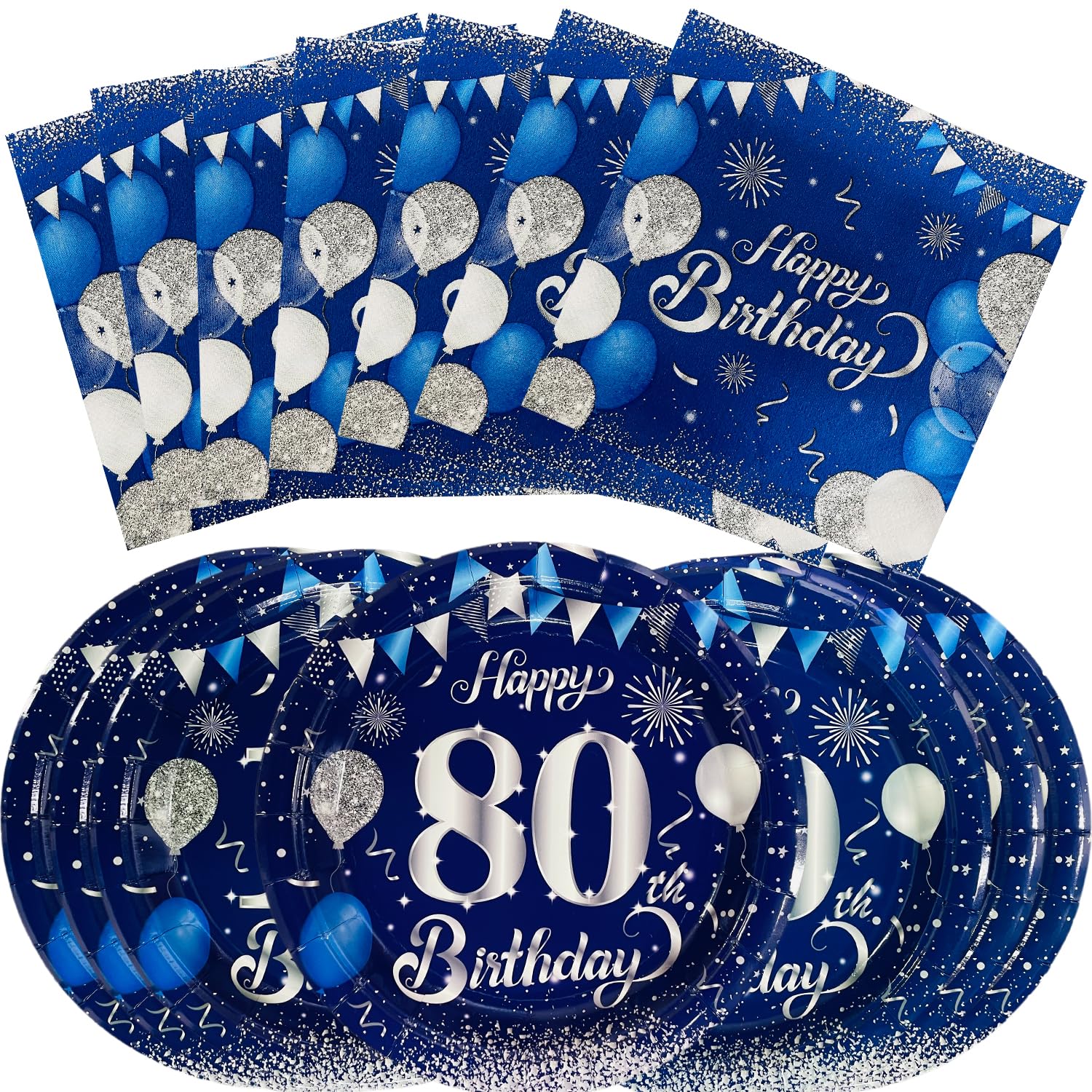 40PCS80 Birthday Party Supplies 80 Year Disposable Tableware Happy Birthday Party Plates and Napkins Blue and SilverTable Decoration, Suitable for 20