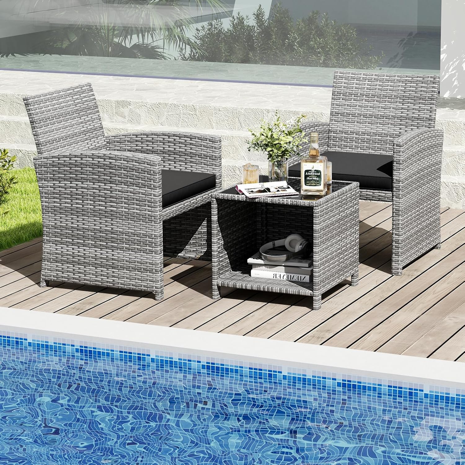 Tangkula 3 Pieces Patio Furniture Set, PE Rattan Outdoor Chairs with Tempered Glass Coffee Table & Soft Seat Cushions, Patio Bistro Set, Outdoor Conversation Set for Porch, Backyard Poolside (Black)