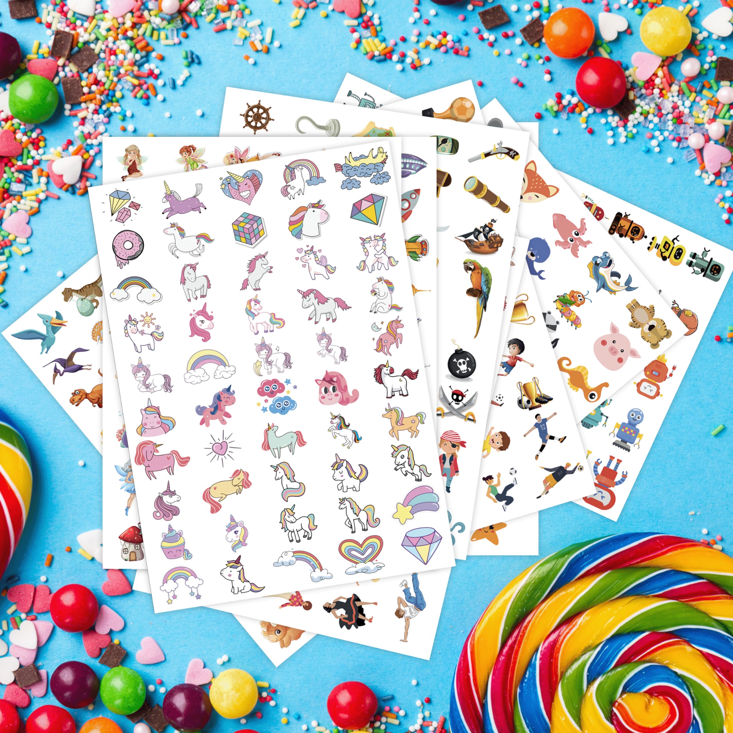 500 Pz Tatuaggi per Bambini - 10 Fogli Tatuaggi Temporanei Luminosi Gadget Compleanno Bambini Originali - Regalini Fine Festa Compleanno Invitati Bambino Bambina Unicorno Dinosauro Sirena Calcio