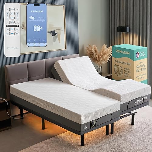 SFE Split King Electric Adjustable Bed Frame with 14" Hybrid Memory Foam Mattress - Adjustable Mattress Base with Zero Clearance, Electric Massage,