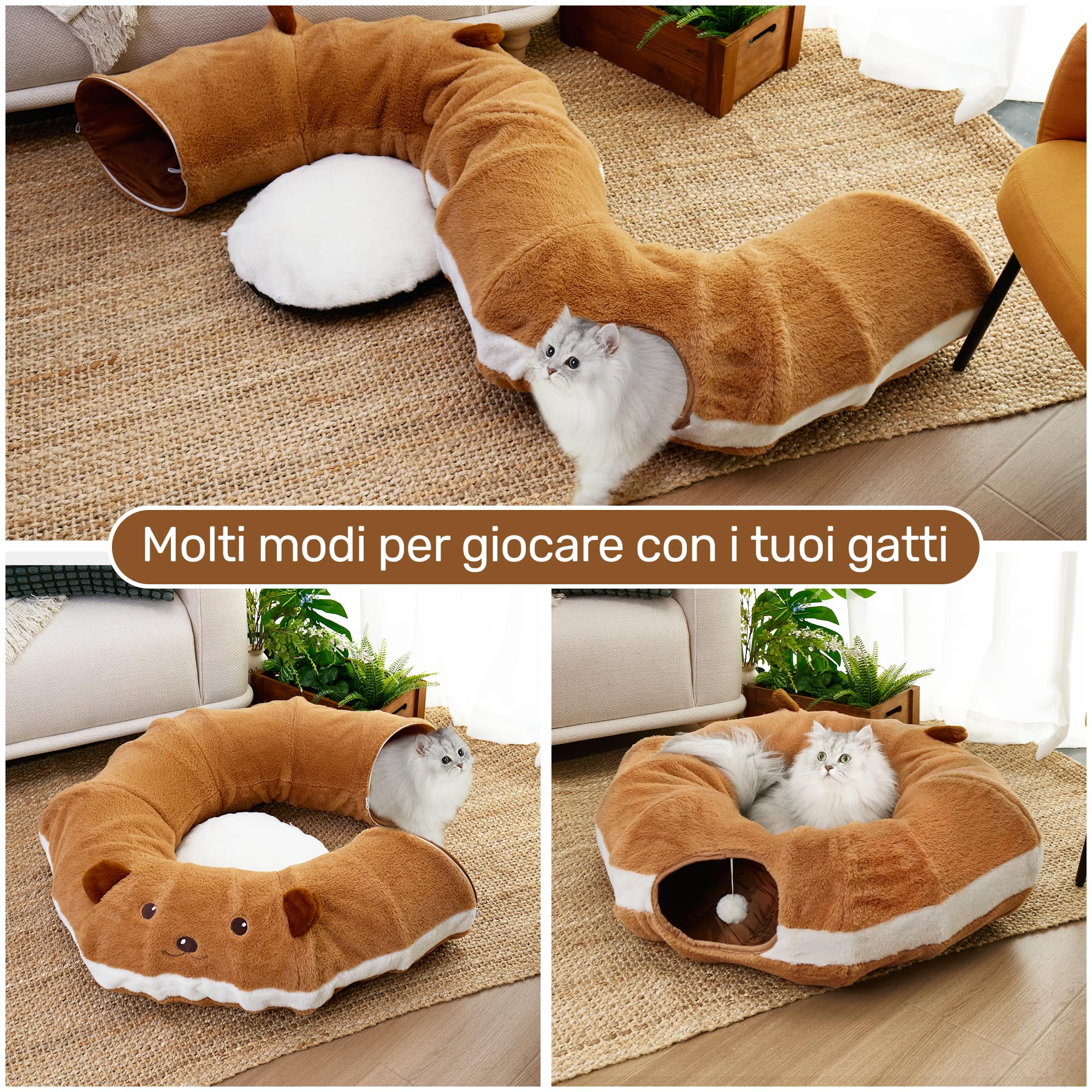 FUKUMARU Tunnel per Gatti,Cuccia Pieghevole XL Con Orecchie di Carta Increspata,Cuscino Lavabile,Tunnel Rotondo a Forma di Ciambelle per Animali Domestici,Giocattolo per Gattini e Conigli,