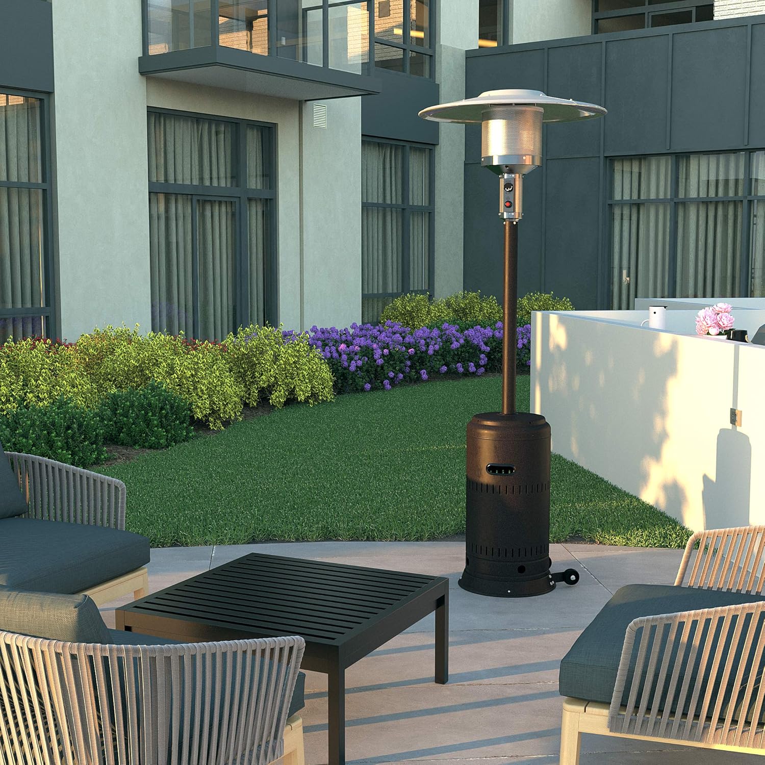 Fire Sense 63717 Performance Series Patio Heater With Wheels 46,000 BTU Output Electronic Ignition System Portable Outdoor Propane Heater For Residential - Espresso