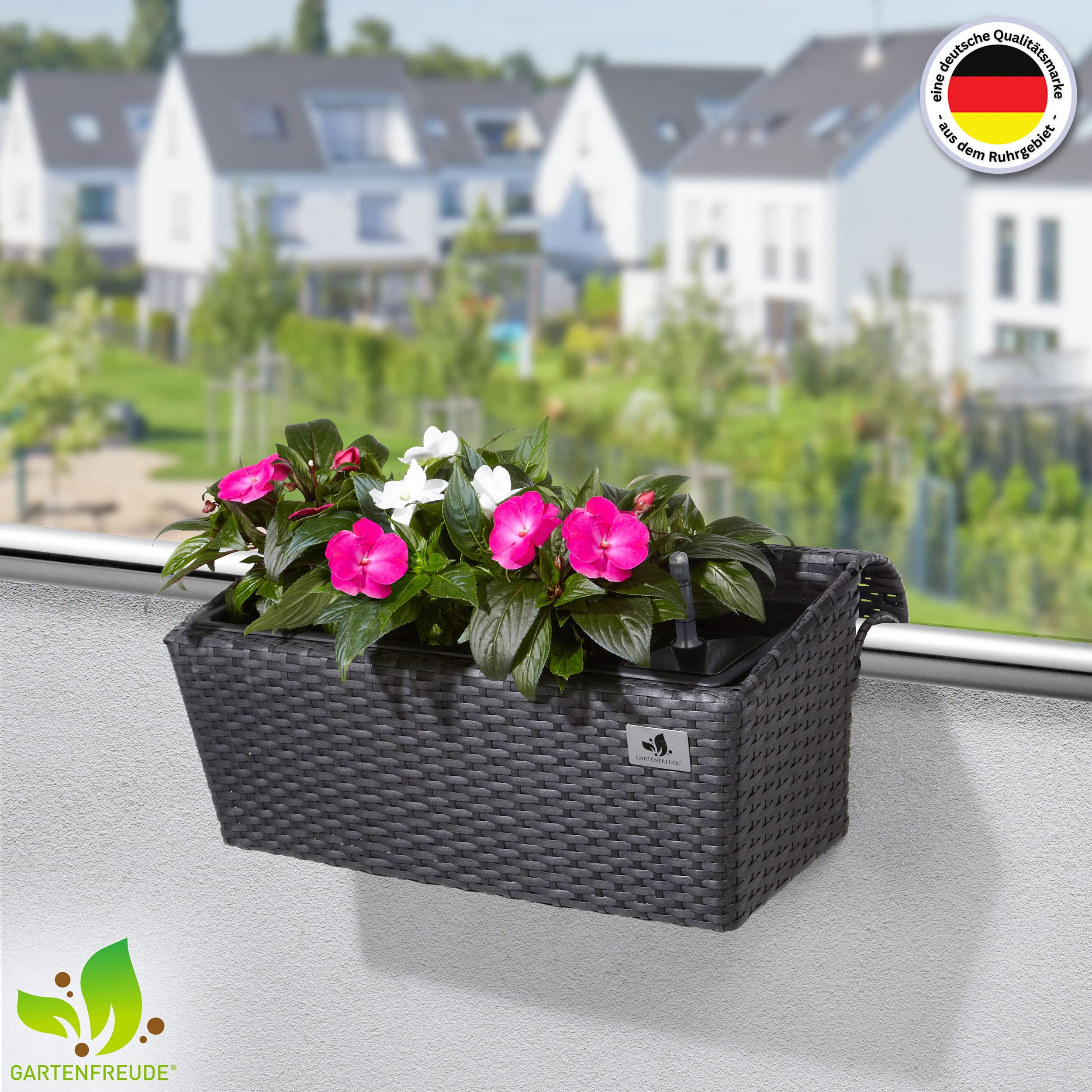 GARTENFREUDE Balkonkasten Polyrattan 52cm | Mit Bewässerungssystem & Aufhängung | Anthrazit