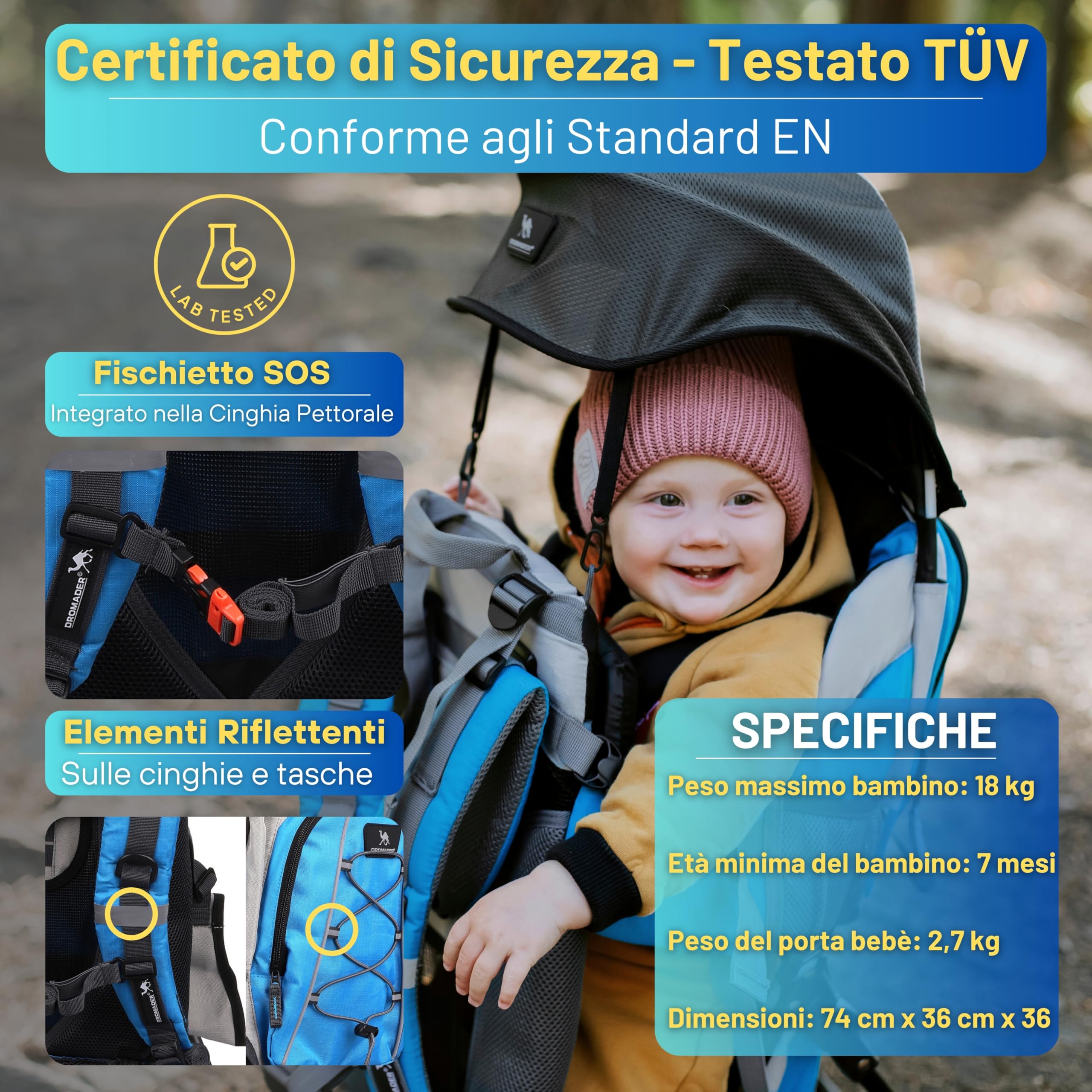 DROMADER Zaino Porta Bambino Montagna - Zaino Porta Bimbo fino a 22kg con Parasole, Parapioggia, Tasca Isolante, Materassino Fasciatoio - Telaio Pieghevole con Una Mano - Blu