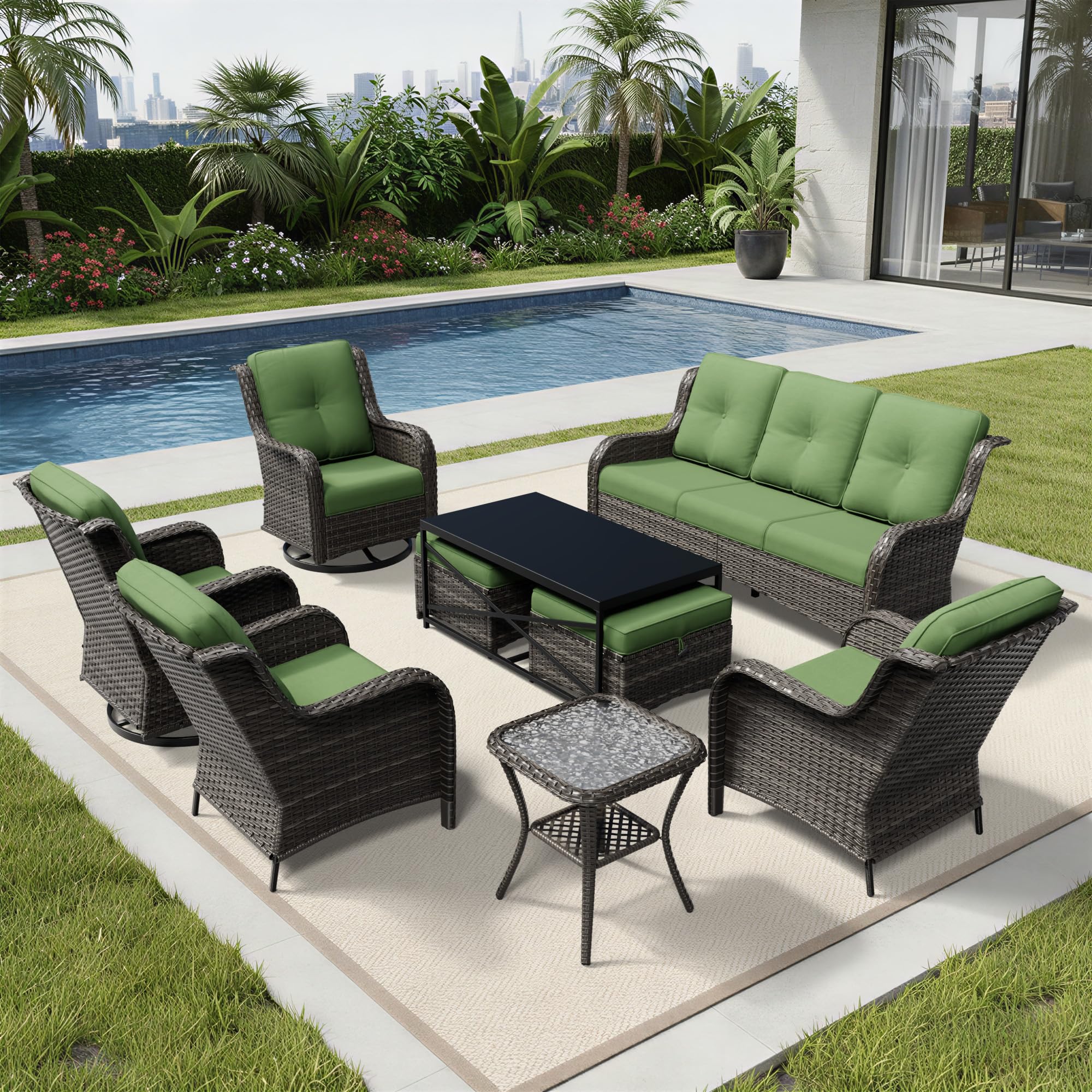 Joyside 9 Piece Wicker Patio Furniture Set, Outdoor Swivel Rocker Patio Chairs with High Back, Deep Seating, Wide Armrest, Thickened Cushions, Outdoor Furniture for Deck, Porch Use