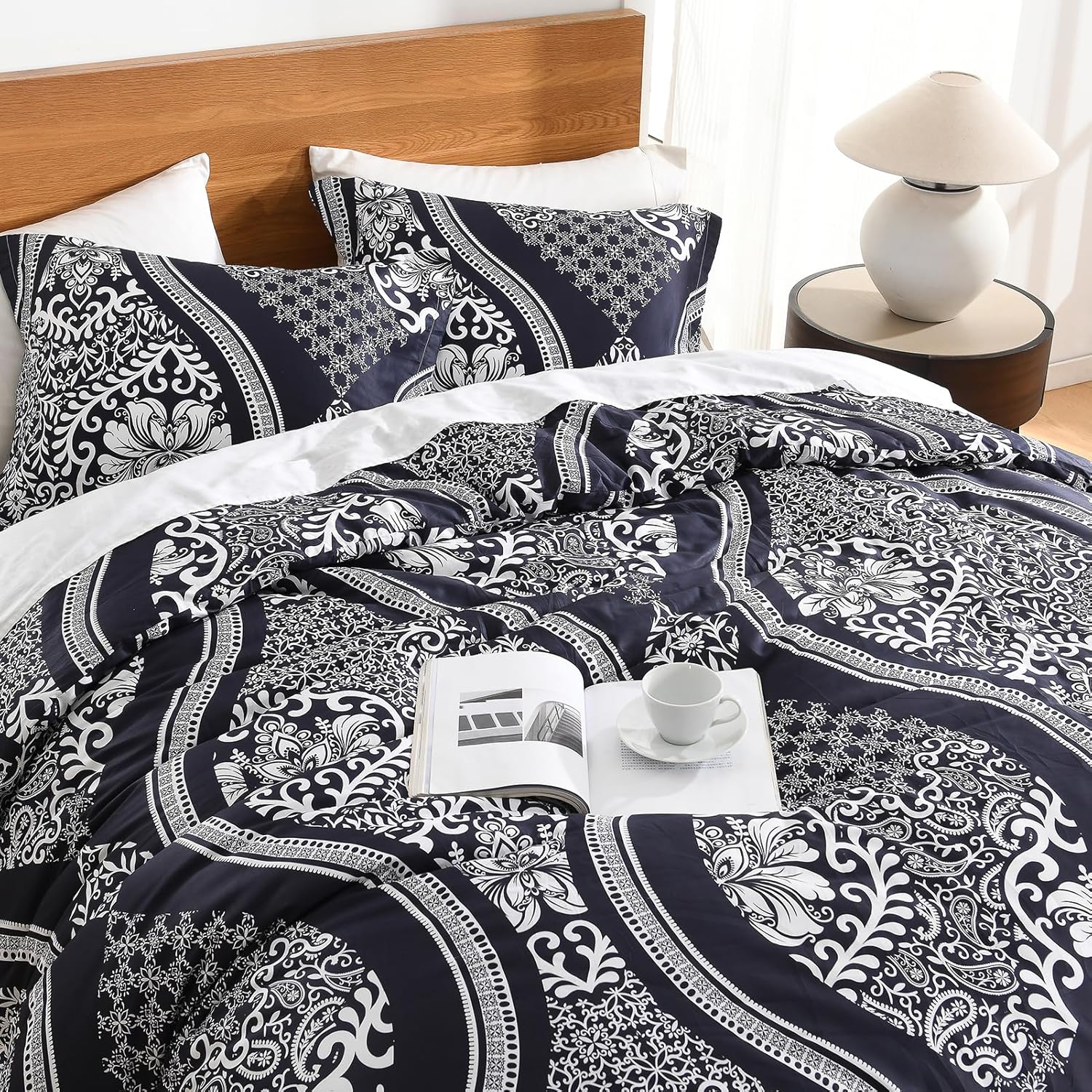 Cotton Queen Comforter Set, Navy Vintage Damask Fluffy Comforters Bedding Sets, Lightweight Soft Quilted Warm Bed Comforter for All Season 3 Piece with Pillow Shams - Image 9