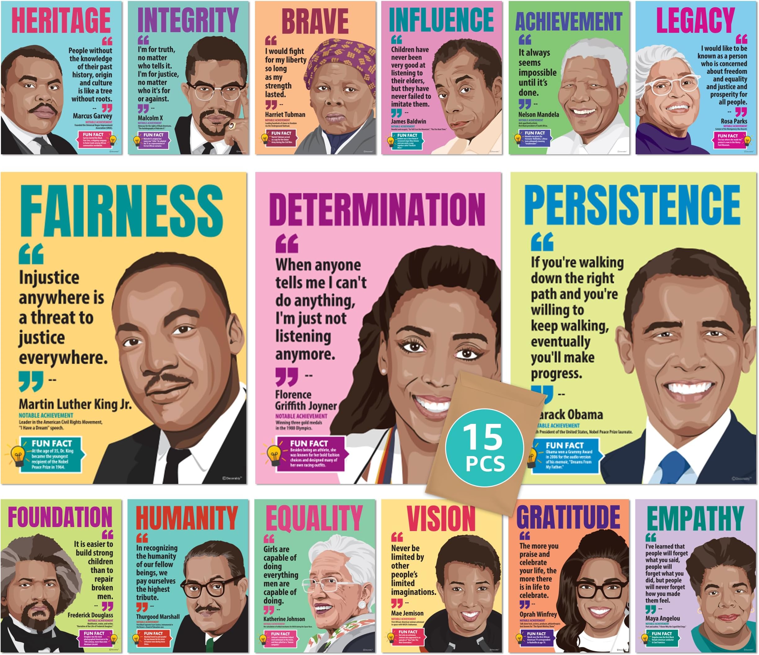 Decorably 15 Black History Posters for Classroom, 11x14in Matte-Laminated Inspirational Black History Month Posters - Classrooms, Bulletin Boards, School Hallways, Homeschool