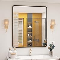 Vista 17 de OKPAL 16x24 Espejo de baño de bronce, espejo de marco de bronce rectangular redondeado, espejo de tocador de baño de bronce cepillado para montar