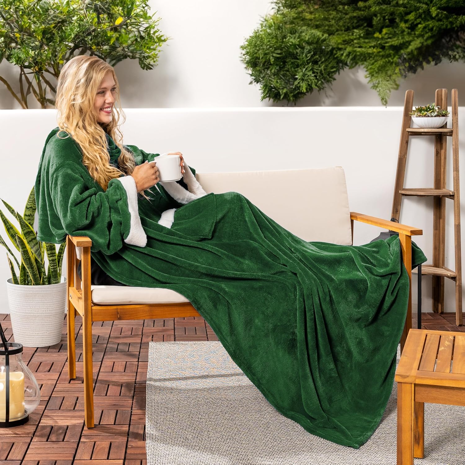 PAVILIA Fleece Blanket with Sleeves for Women Men Adults, Wearable Blanket Warm Soft Plush, Snuggle Pocket Sleeved TV Throw Wrap, Cozy White Elephant Gifts Ideas for Mom Wife, Dark Green - Image 6