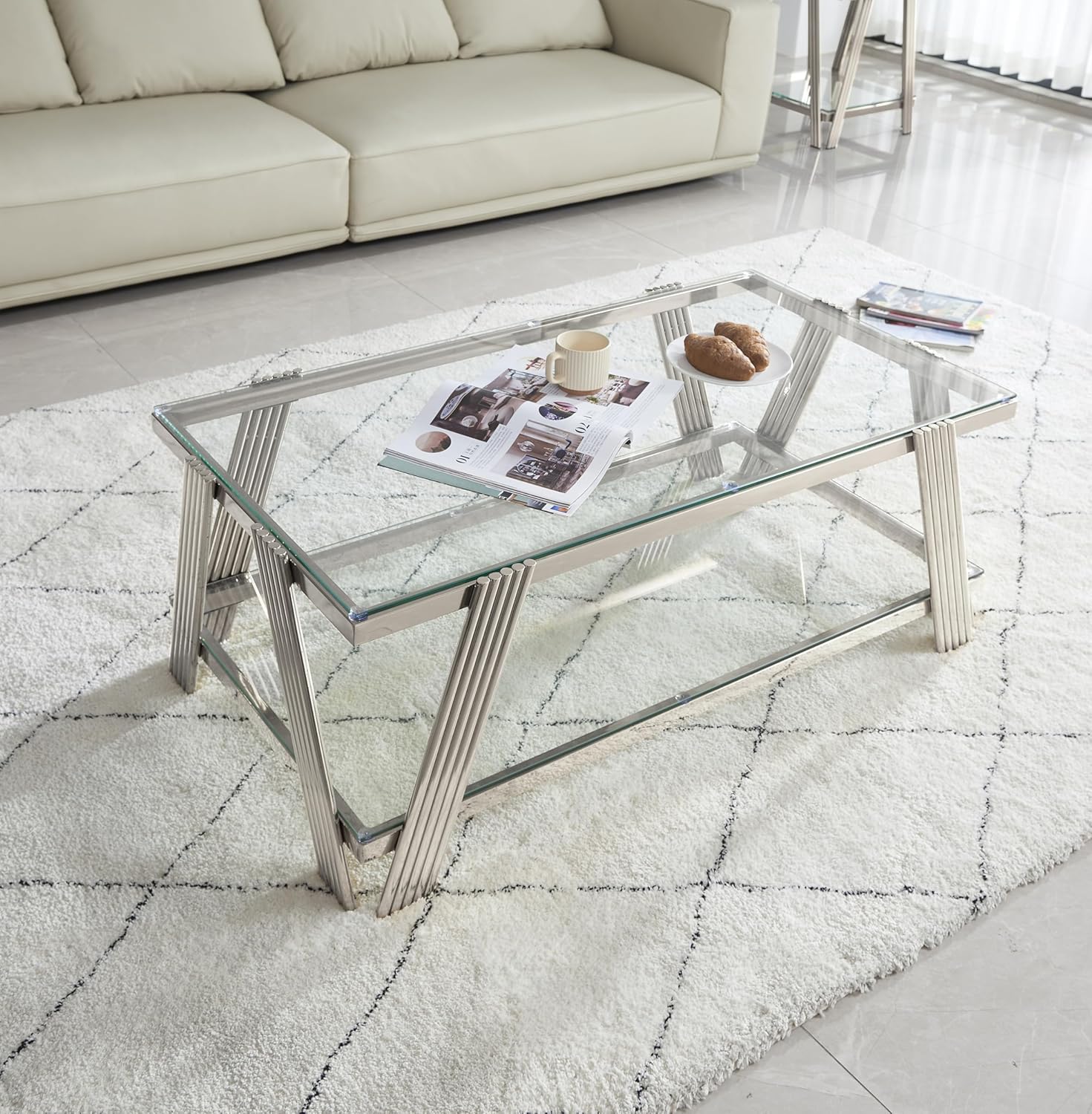 47" Modern Coffee Table, Double-Layer Clear Tempered Glass Table Top with Stainless Steel Frame, Center Table with Storage, for Living Room Home Office, Silver