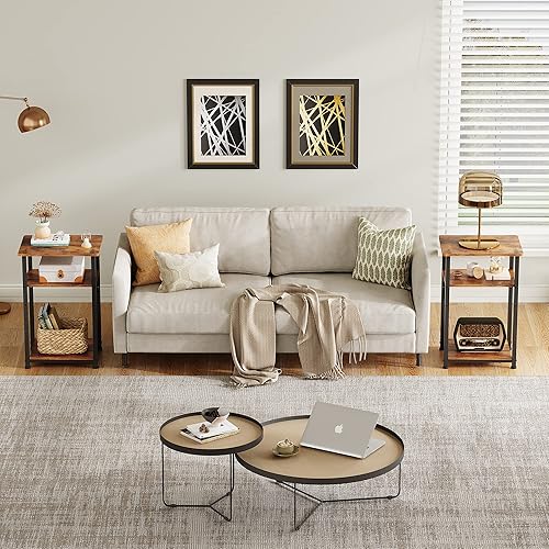 Miniatura 7 de WLIVE Juego de 2 mesas auxiliares, mesa auxiliar pequeña, mesita de noche ajustable de 3 niveles con marco de metal resistente, mesita de noche alta