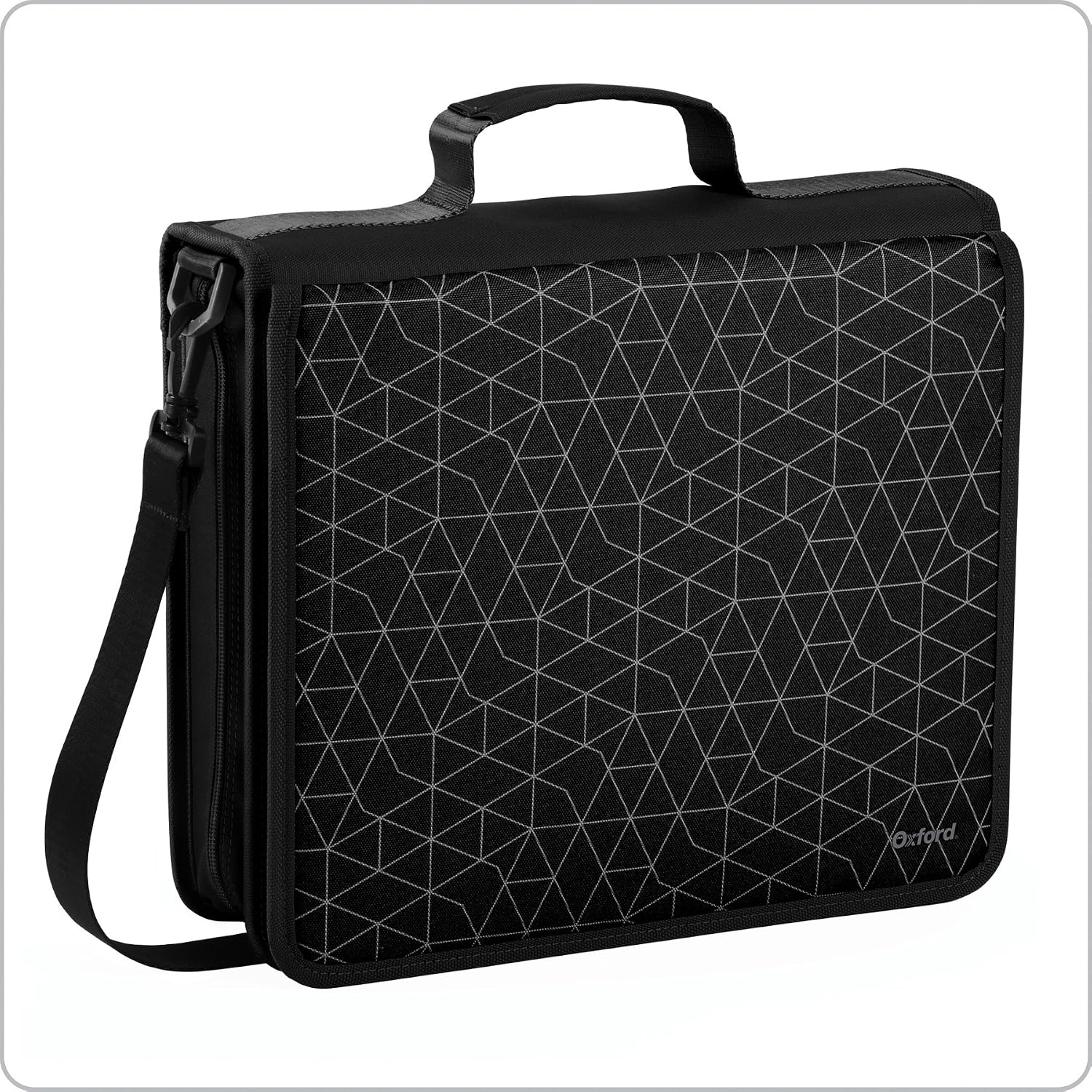 Oxford Zipper Binder with Tech Storage, 3", D-Rings, Handle and Shoulder Strap, Black and Gray Geometric Print (60450A)