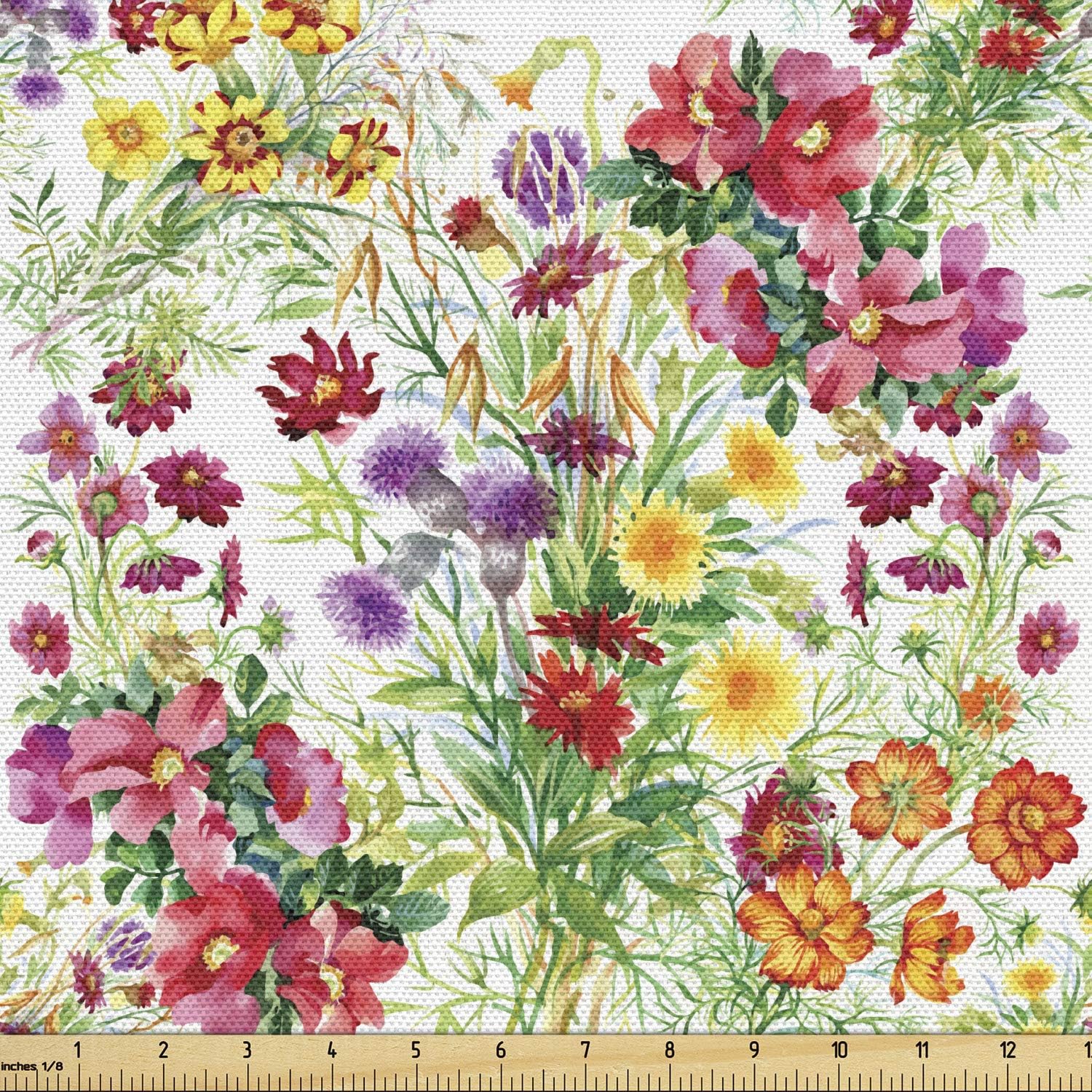 Ambesonne Garden Art Fabric by The Yard, Watercolor Peonies and Wildflowers Botanical Illustration Vintage Inspirations, Decorative Fabric for Upholstery and Home Accents, 5 Yards, Pink Purple