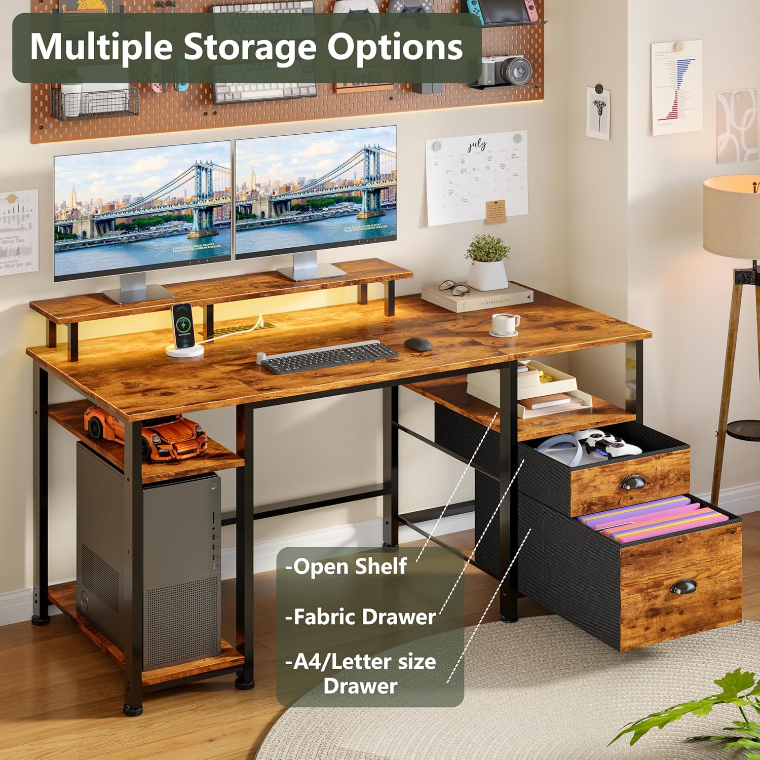 Overview of the desk's multiple storage options