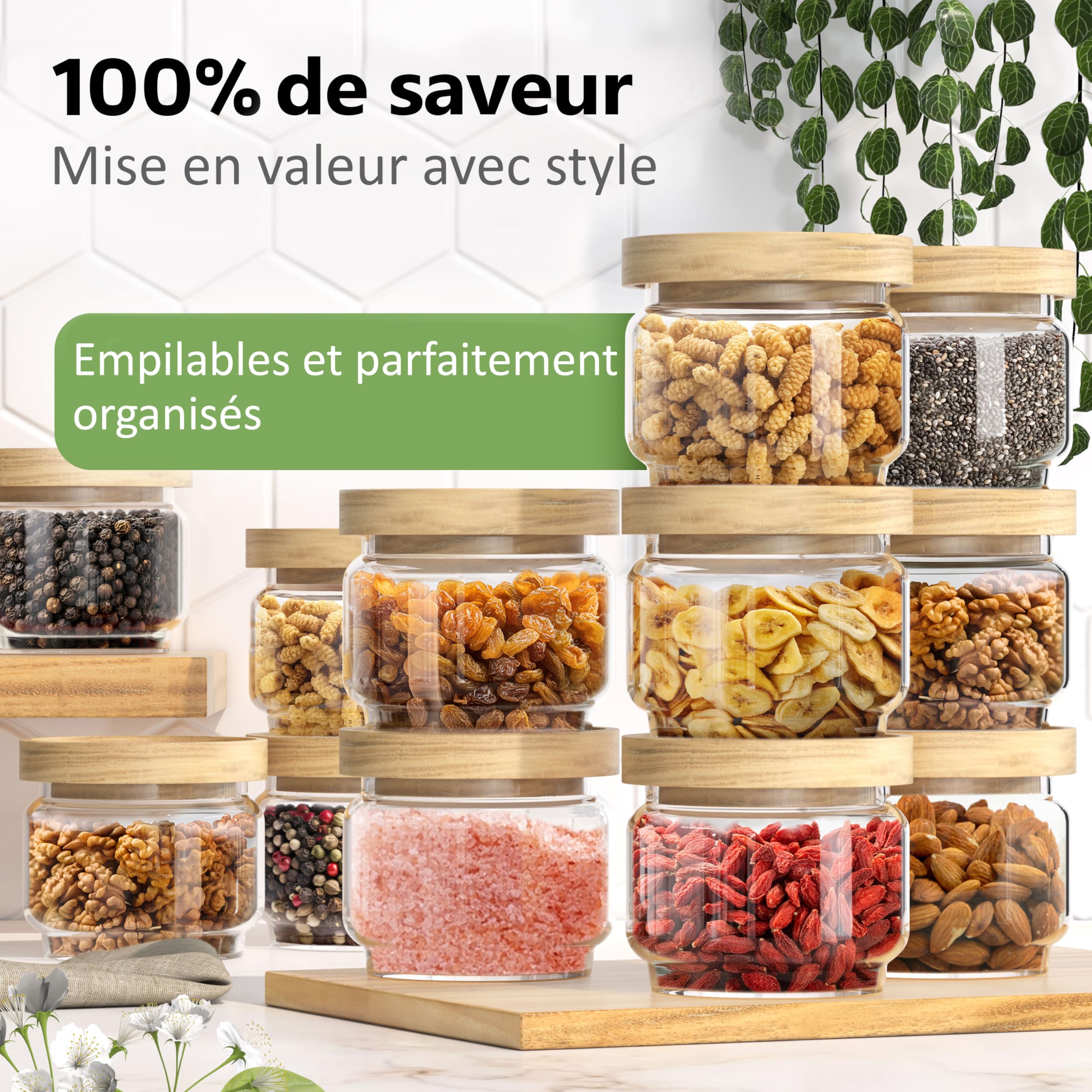 ElbFuchs® Bocaux en verre hermétiques 4x 300 ml | Sans BPA & anti-mites – Pots de conservation avec couvercle en bois | Noix, épices, thé & snacks