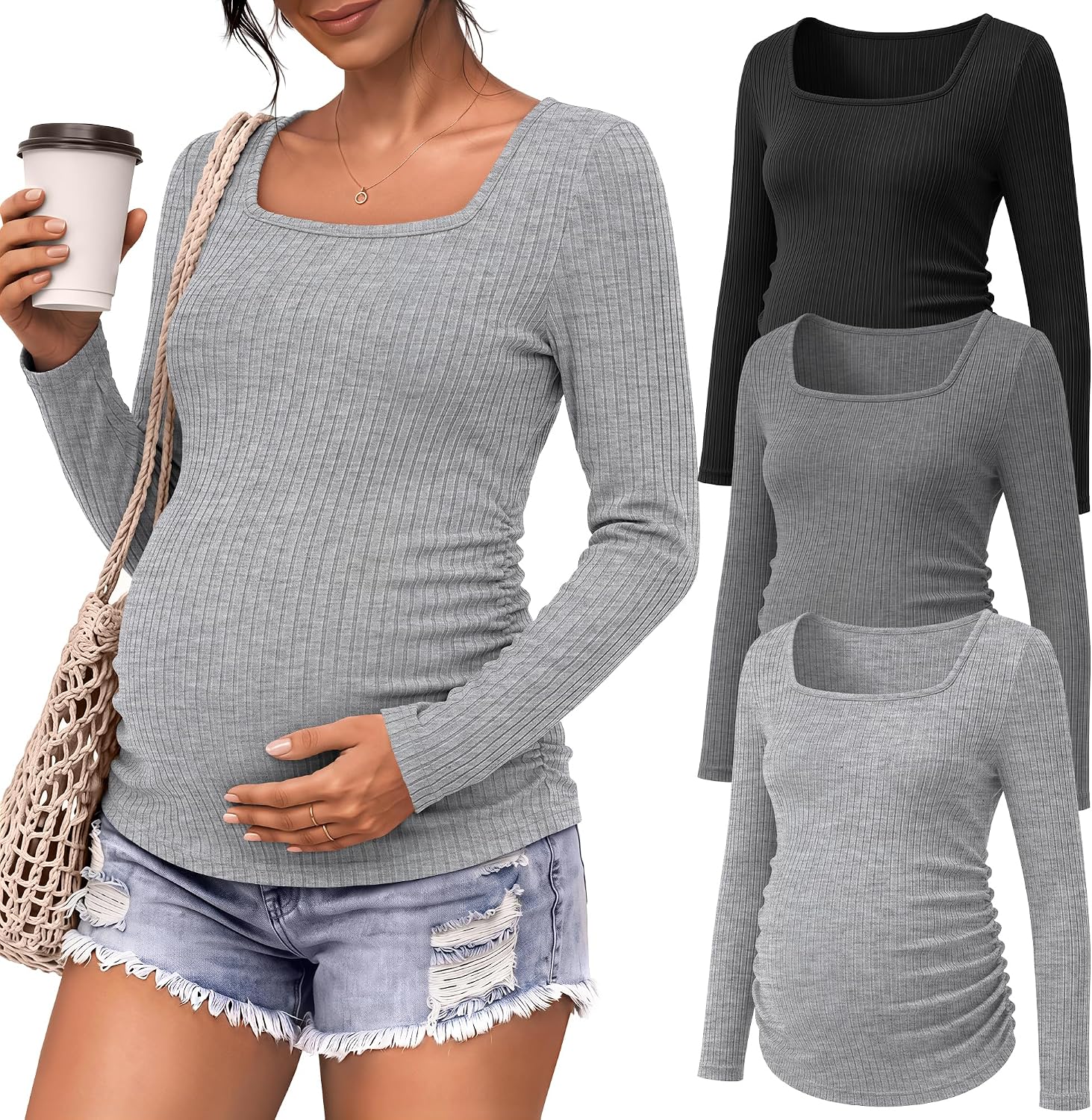 Huukeay 3 Pack Women's Maternity Long Sleeve Ribbed Knit Shirts