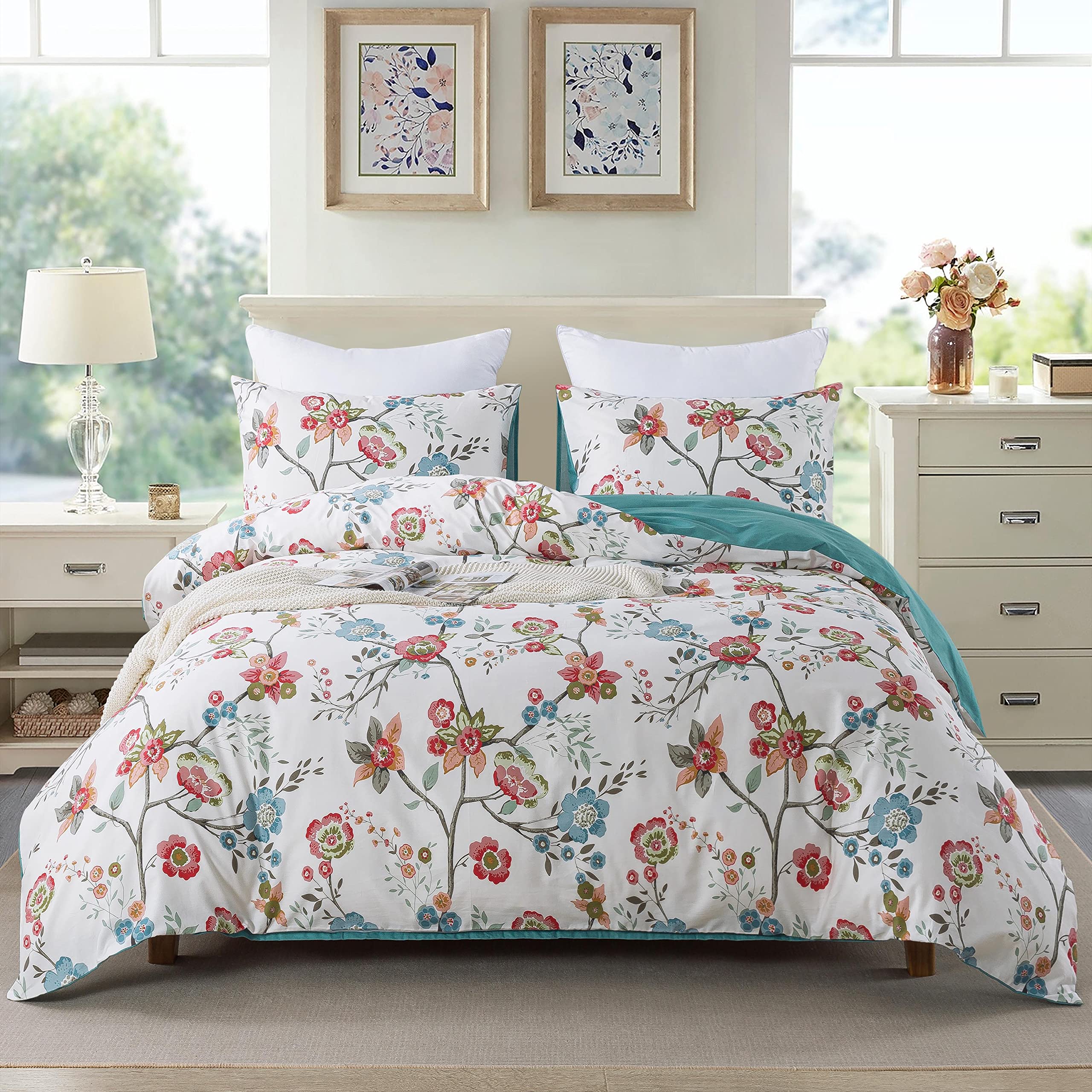 HoneiLife King 100% Cotton Floral Duvet Cover Sets,Soft & Breathable with Zipper Closure and Corner Ties,3pcs Wildflower Comforter Cover Sets-Blossom