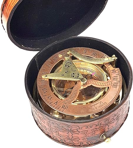 Miniatura 3 de Brass Nautical - Brújula de reloj de sol de latón antiguo y cobre, reloj de reloj de sol en caja de regalo reloj de sol reloj de réplica de barco