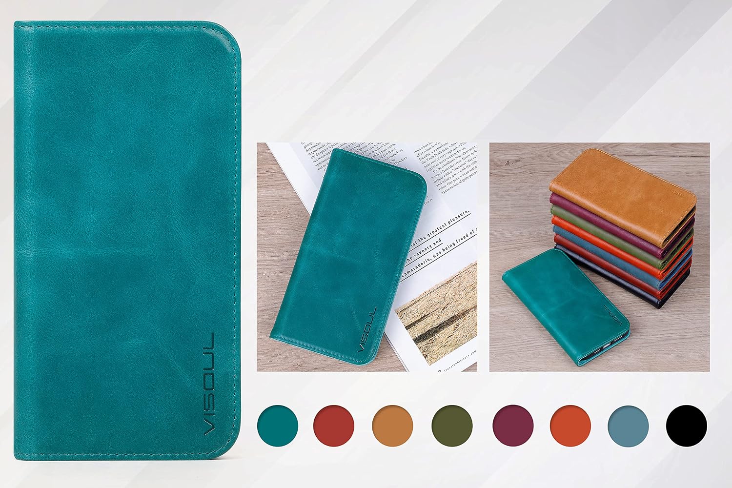 VISOUL Wallet Case for iPhone 14 Pro Max 5G, Genuine Leather Magnetic Folio Flip Case with [Card Slots][Kickstand][RFID Blocking] Shockproof Protective Cover for iPhone 14 Pro Max 6.7-inch(Lake Blue)