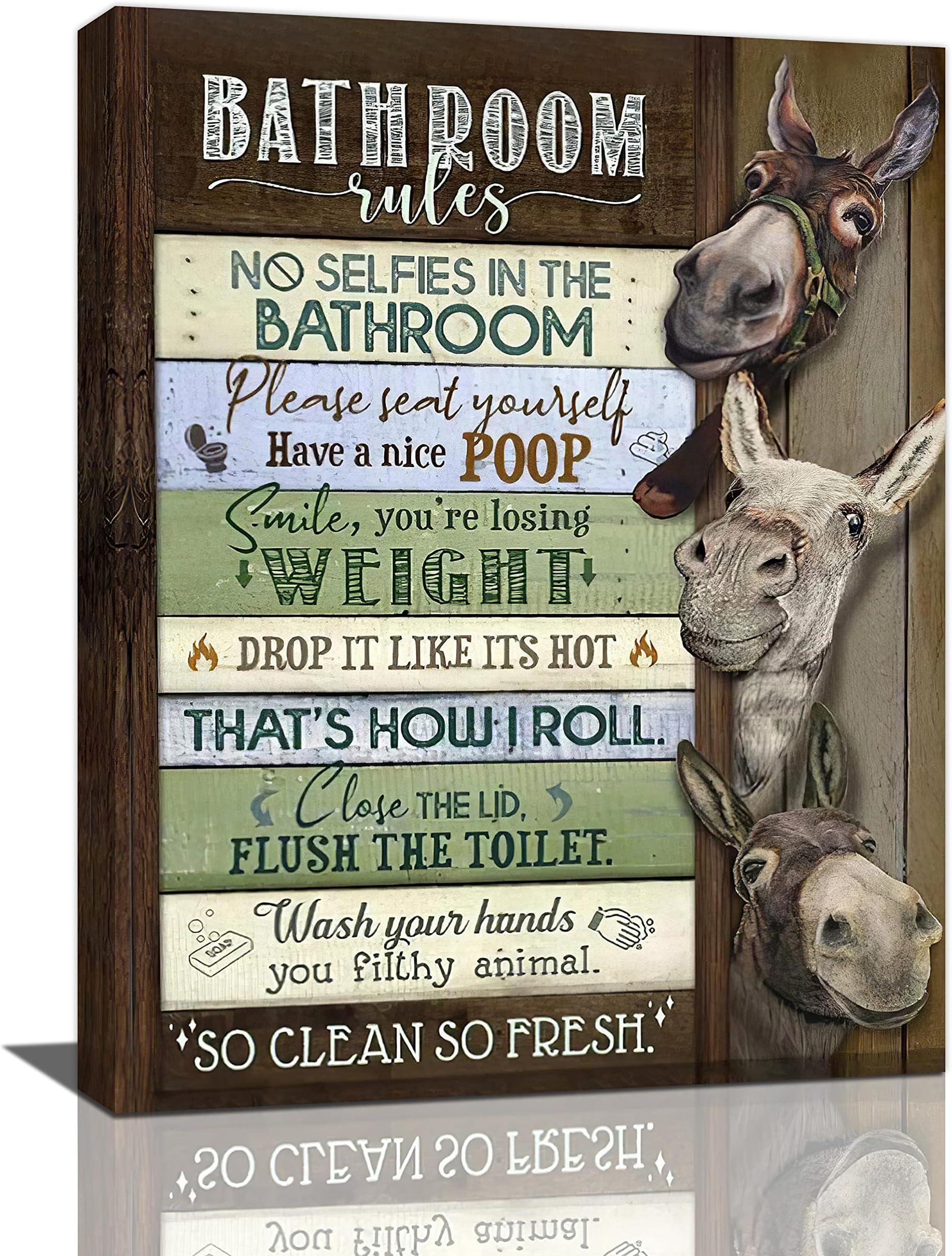 Funny Bathroom Decor Wall Art Donkey Bathroom Rules Wall Decor Rustic Farmhouse Bathroom Signs Canvas Painting Print Bathroom Pictures Decor Artwork Framed Bath Laundry Toilet Home Decoration 12"x16"