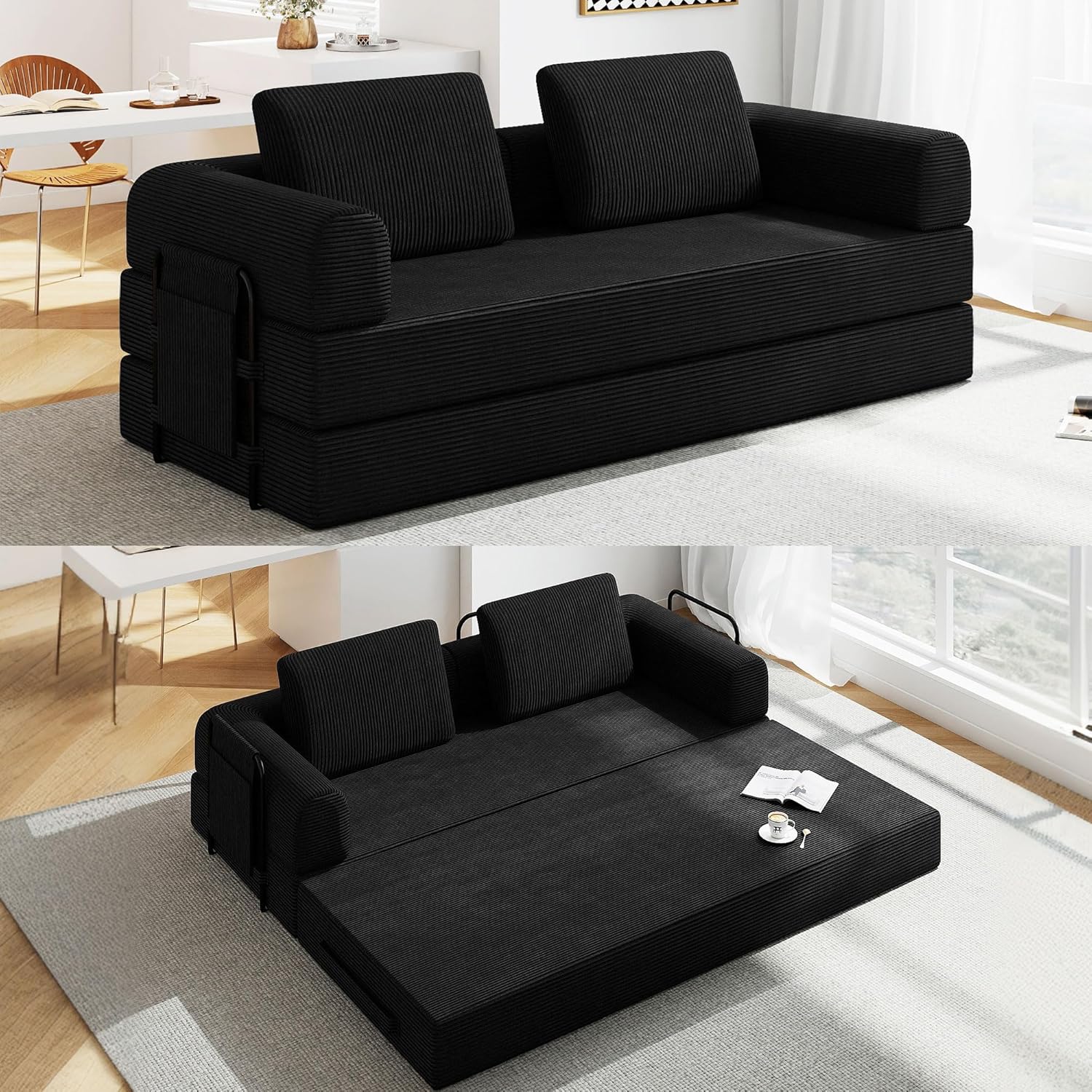 Convertible Sofa Bed, 5-in-1 Pull-Out Futon Couch for Living Room, Corduroy Sleeper Sofa with Steel Support, 78.7"