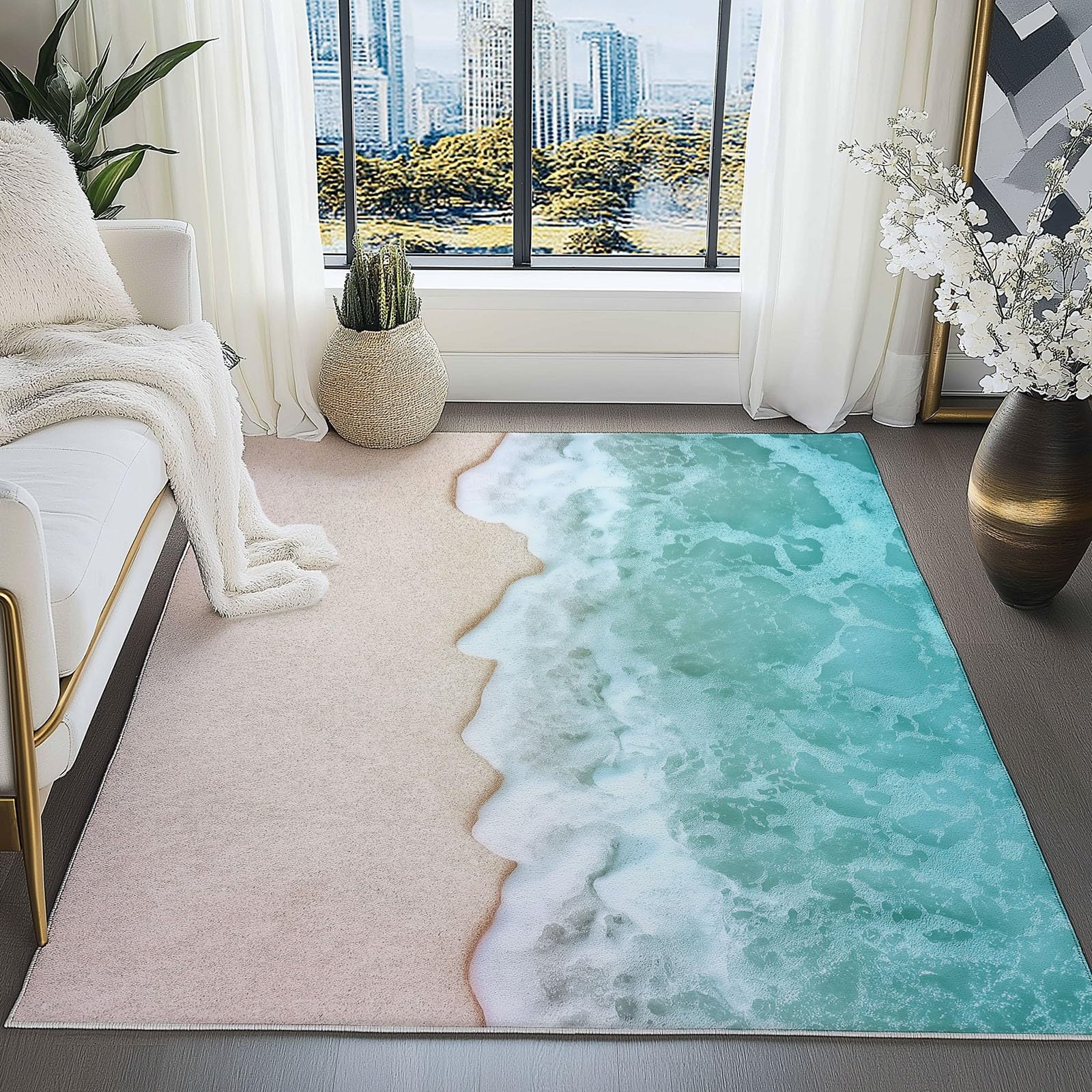 Nature Tapis de Salon, Couleur Claire Antidérapant Lavable en Machine Tapis Flanelle Douce, Moquette Motif Plage Flots pour Chambre Bureau Cuisine Decoration, 150x210 cm