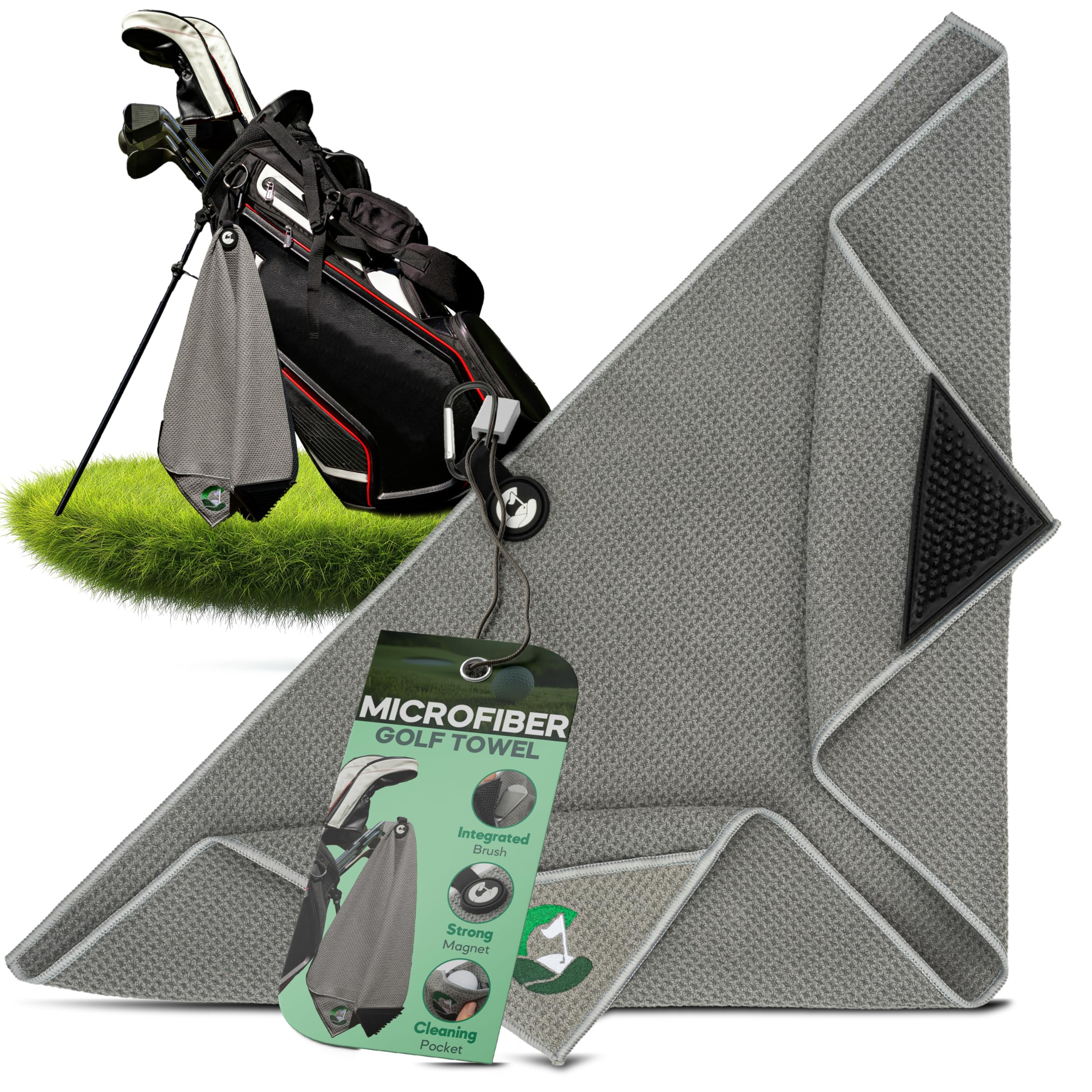 Caddie Up Microfibre Golf Towel with Integrated Brush, Golf Ball Cleaner Pouch Pocket, Strong Magnetic Attachment, and Carabiner Clip - Tour Black, Fairway Green or Storm Grey Towels (Storm Grey)