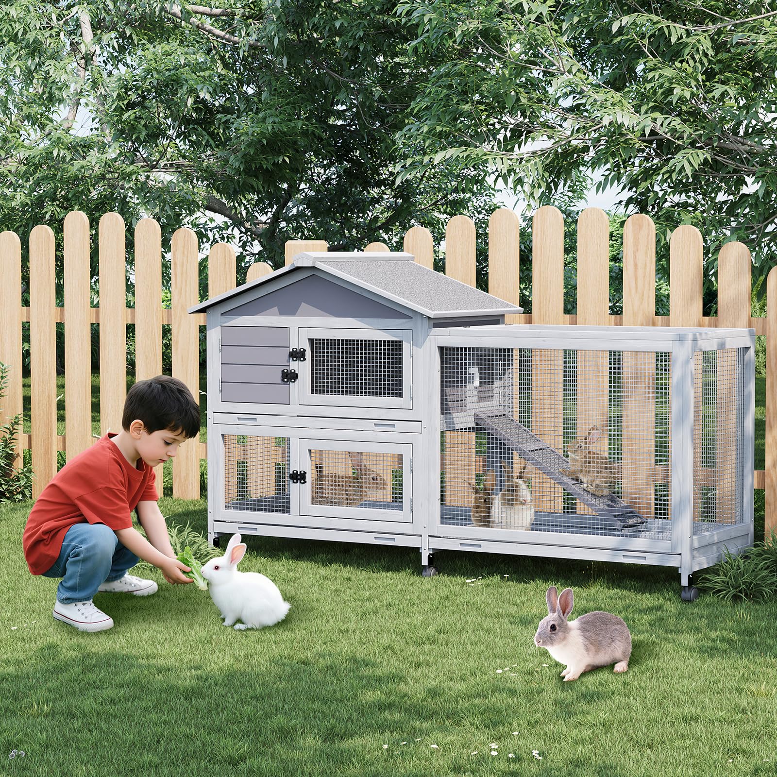 Garvee Gabbia a 2 Livelli per Piccoli Animali - Tetto Impermeabile, Ruote, Rampa Antiscivolo, 4 Porte, Vassoio Estraibile - Casetta in Legno per Conigli, Cavie, Furetti, Interno Esterno - Grigio