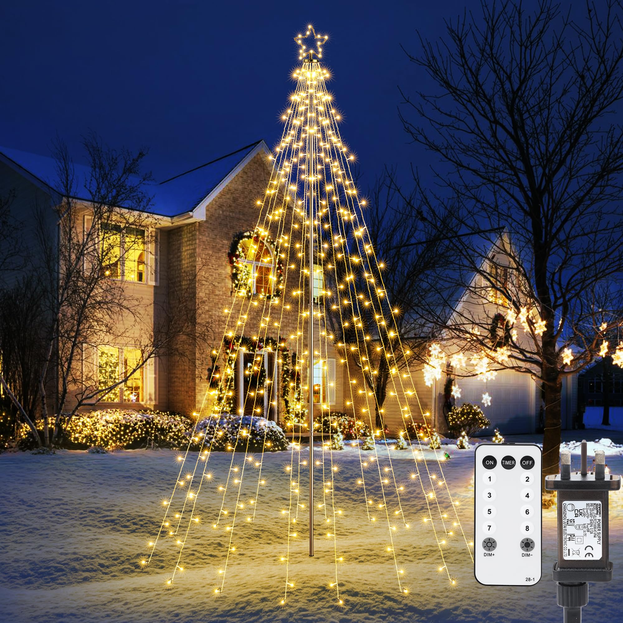 Joomer Christmas Tree Lights Topper Star, Height 7.5ft 274 LED Outdoor Christmas Lights Mains Powered with Remote Control, 8 Modes Dimmable Timer String Lights for Garden Lawn Xmas Decor(Warm White)