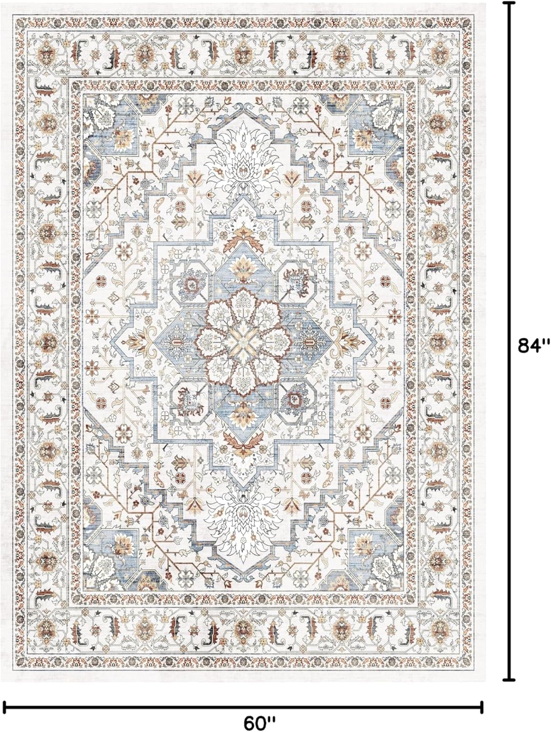 Area Rug for Living Room, Indoor Machine Washable Vintage Rugs for Bedroom Dinning Room Floor Carpet Non-Slip Backing Rugs Floral Soft Low-Pile Office Rug (Blue#001, 5' × 7')